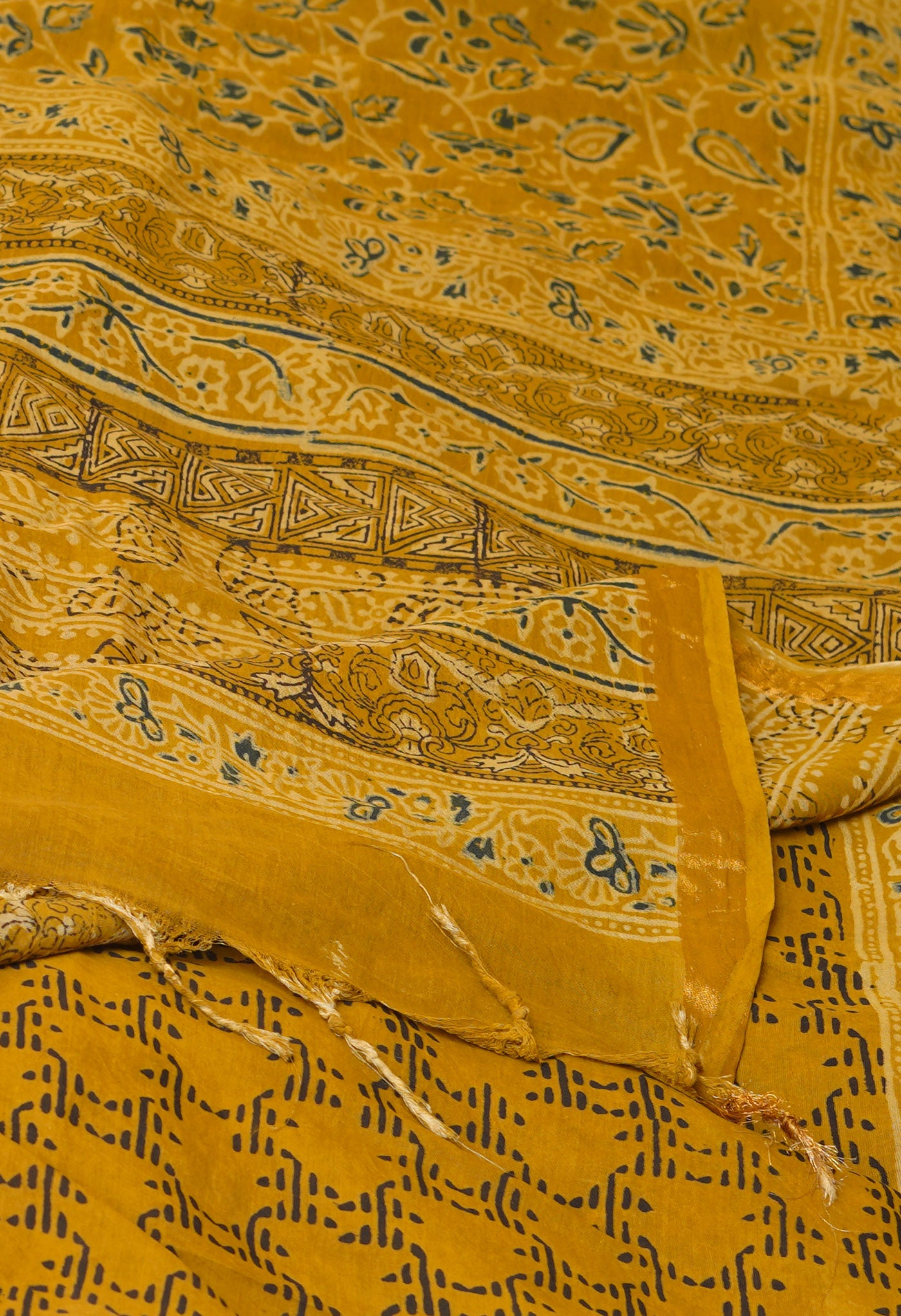 Yellow Pure  Ajrakh Printed Soft Silk Saree