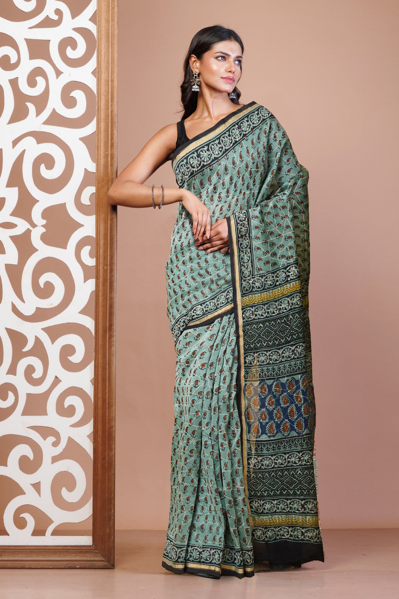 Blue Pure Bagru Kalamkari Printed Chanderi Sico Saree