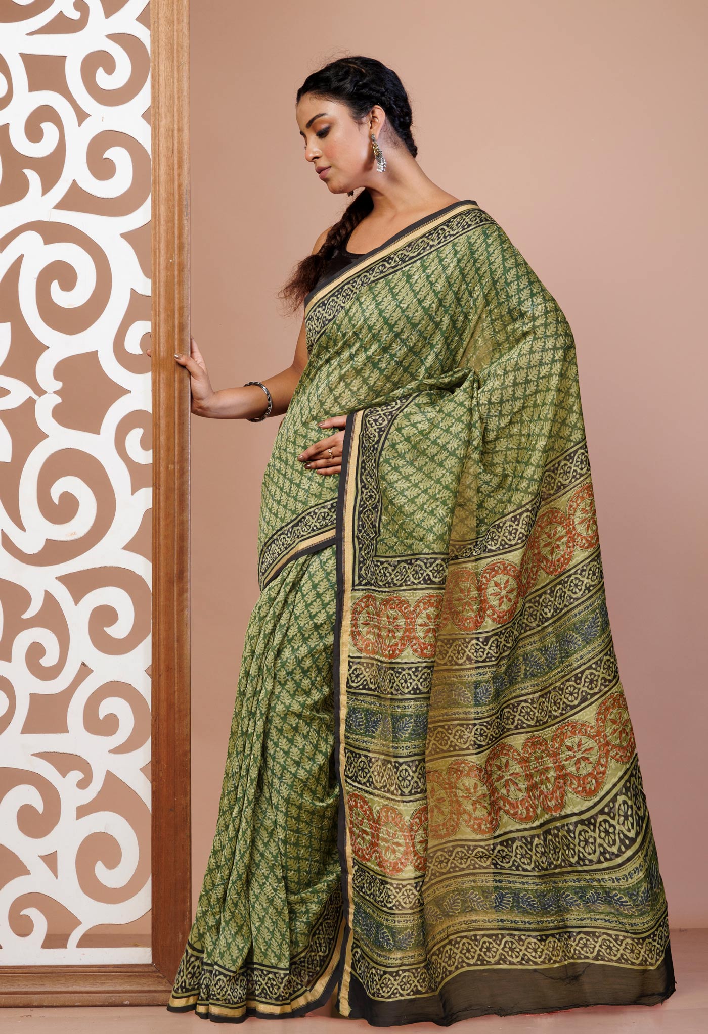 Green Pure Bagru Kalamkari Printed Chanderi Sico Saree