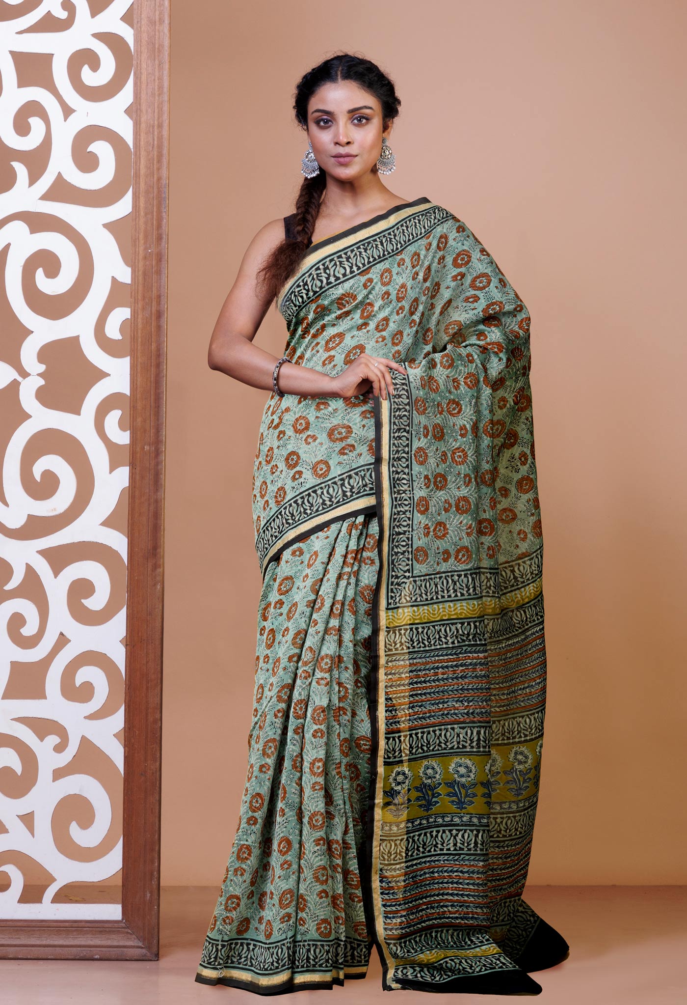 Blue Pure Bagru Kalamkari Printed Chanderi Sico Saree