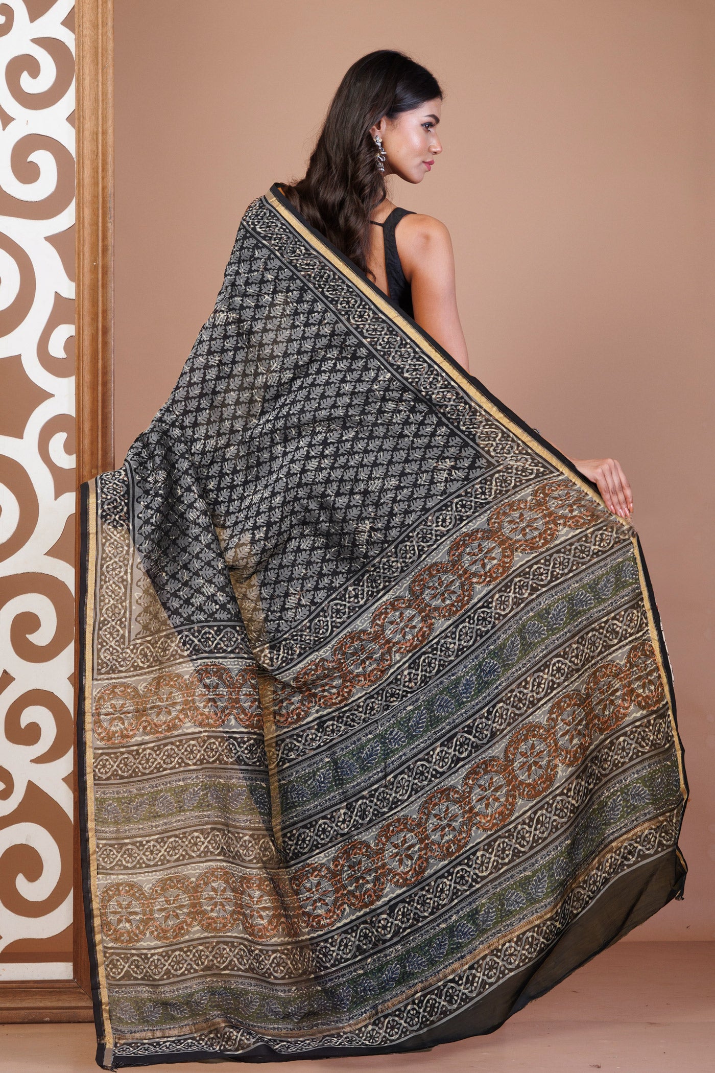 Black-Grey Pure Bagru Kalamkari Printed Chanderi Sico Saree