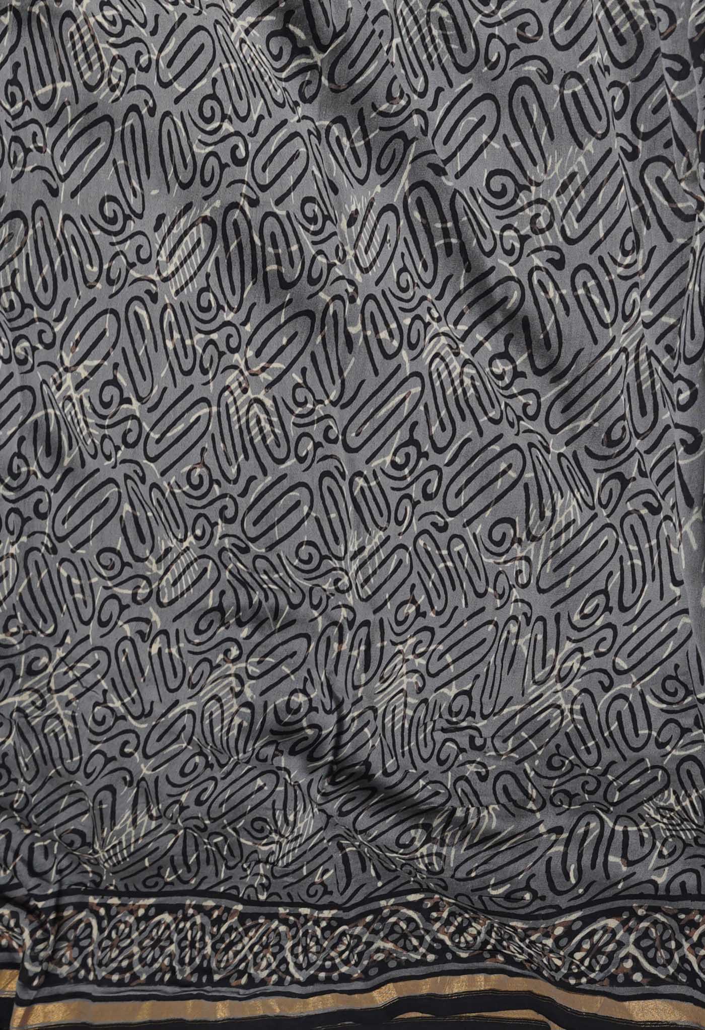 Black-Grey Pure Bagru Kalamkari Printed Chanderi Sico Saree