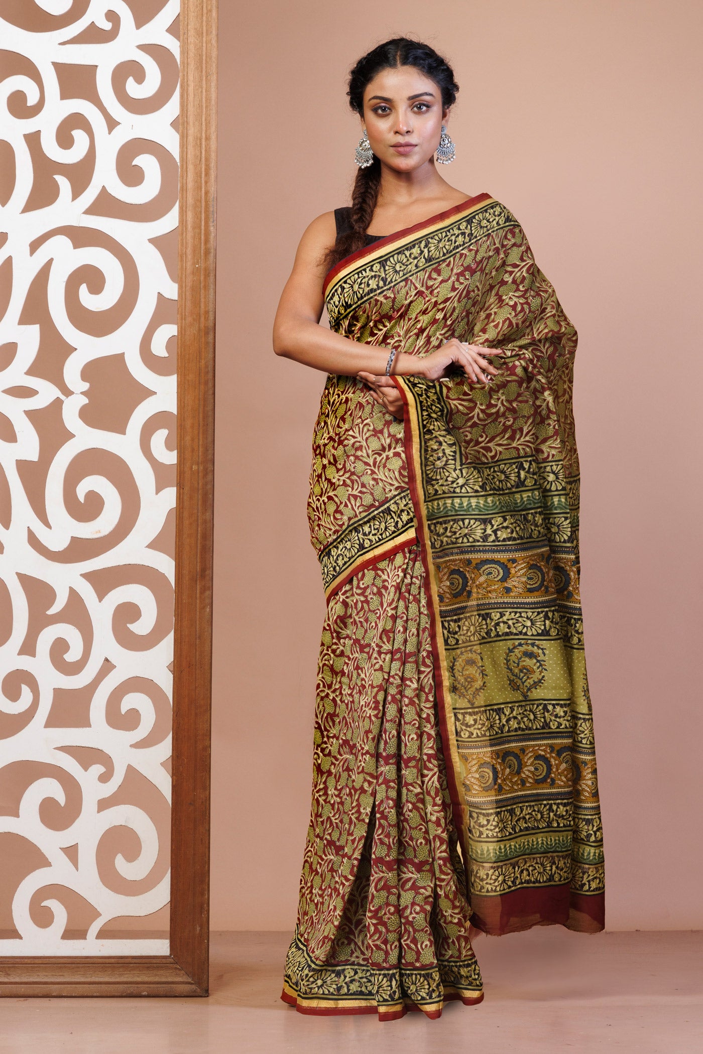 Red-Green Pure Bagru Kalamkari Printed Chanderi Sico Saree