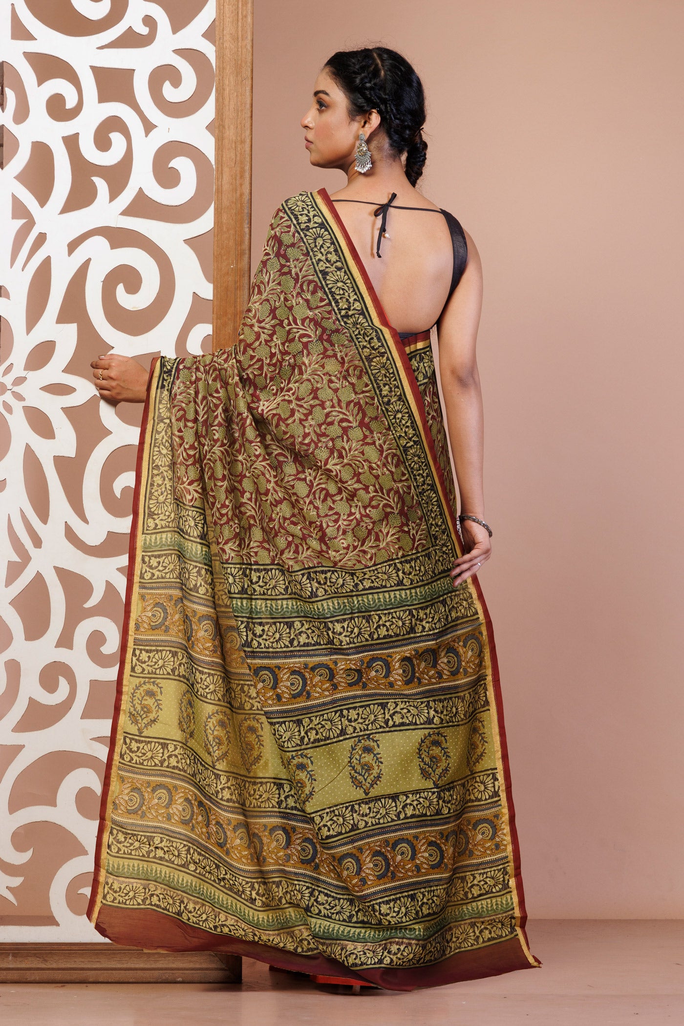 Red-Green Pure Bagru Kalamkari Printed Chanderi Sico Saree