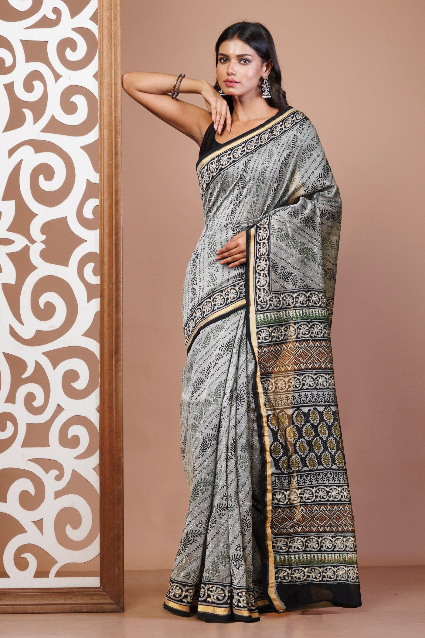 Grey Pure Bagru Kalamkari Printed Chanderi Sico Saree-UNM77902