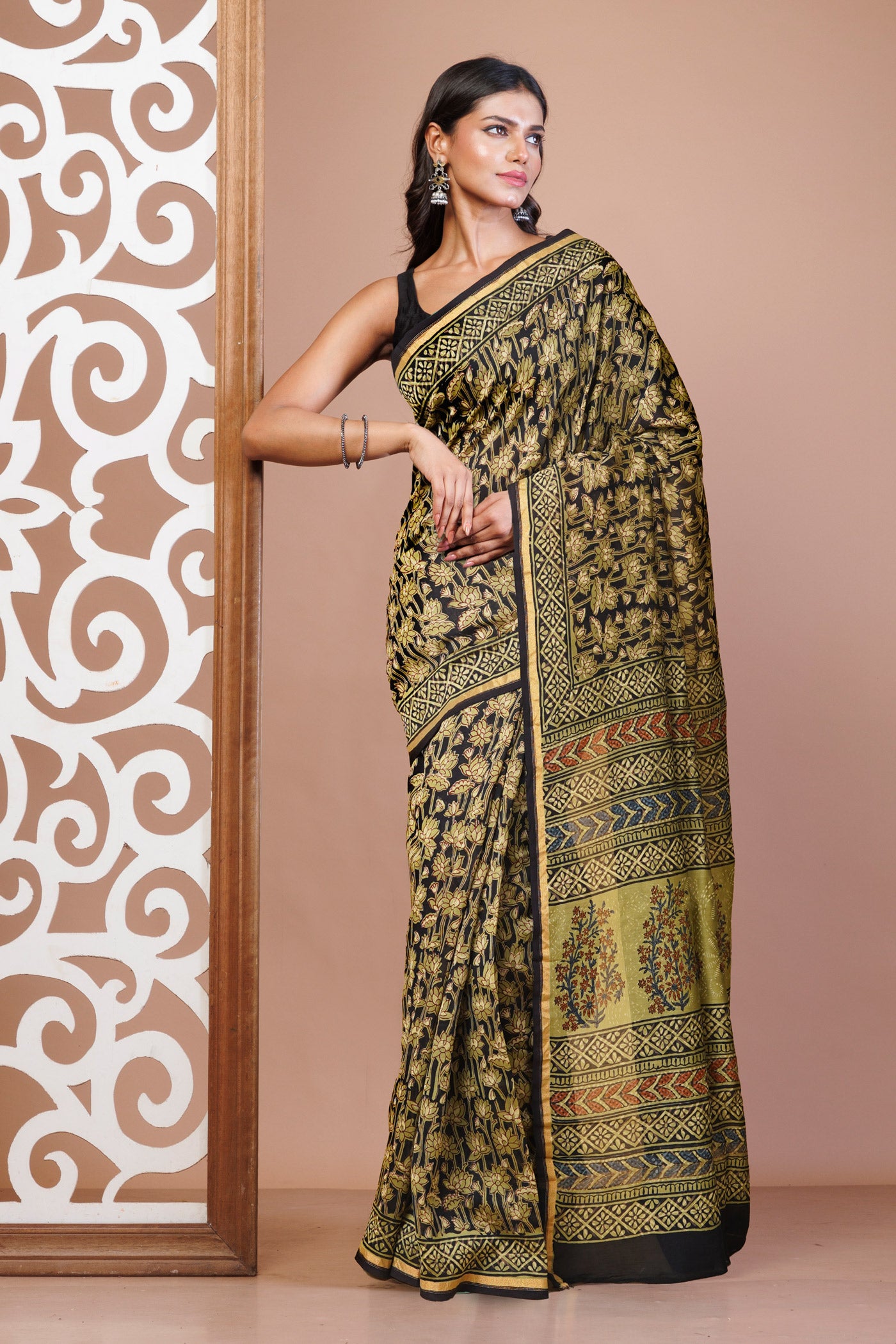 Black-Green Pure Bagru Kalamkari Printed Chanderi Sico Saree