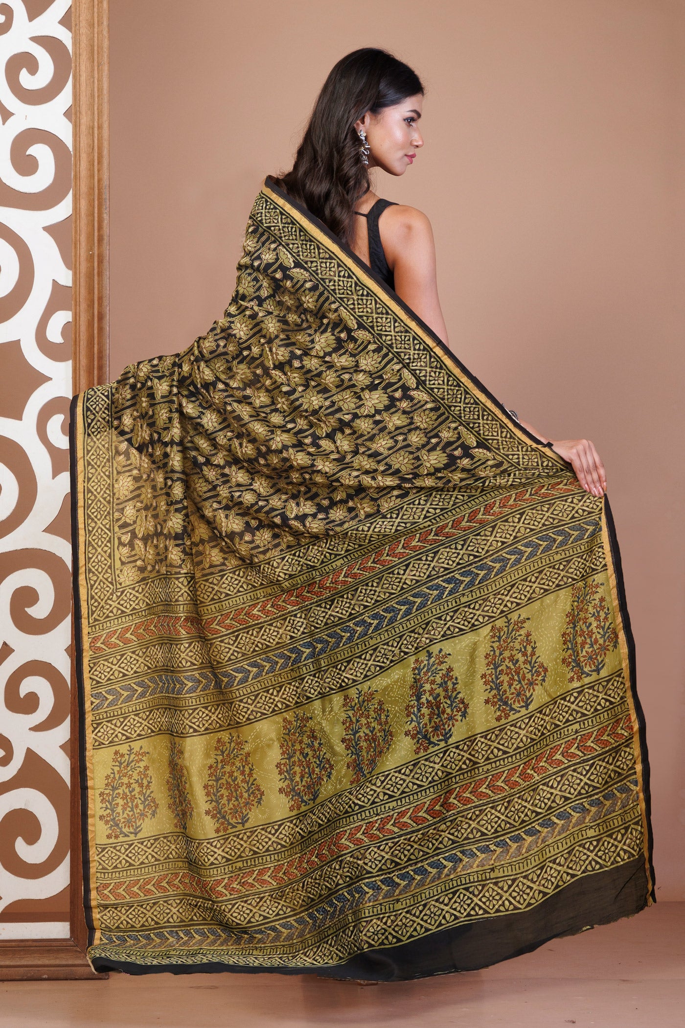 Black-Green Pure Bagru Kalamkari Printed Chanderi Sico Saree