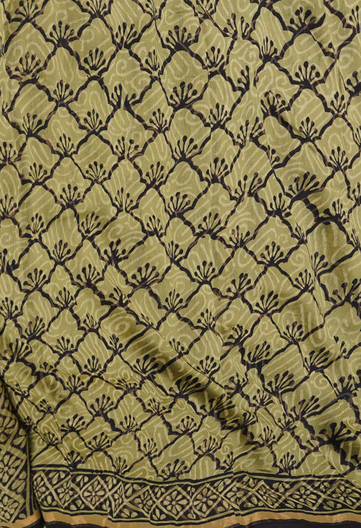 Black-Green Pure Bagru Kalamkari Printed Chanderi Sico Saree