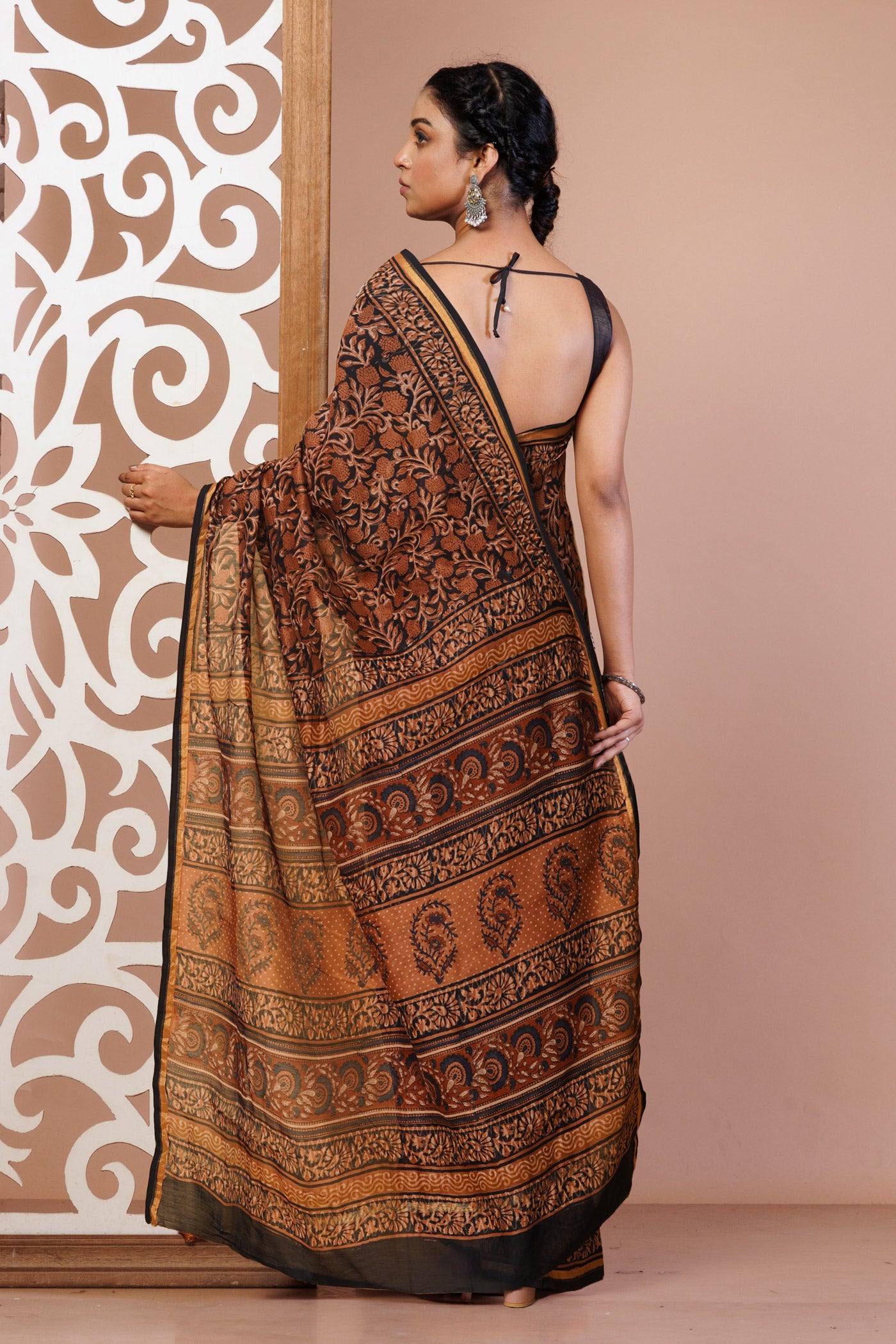 Black-Brown Pure Bagru Kalamkari Printed Chanderi Sico Saree