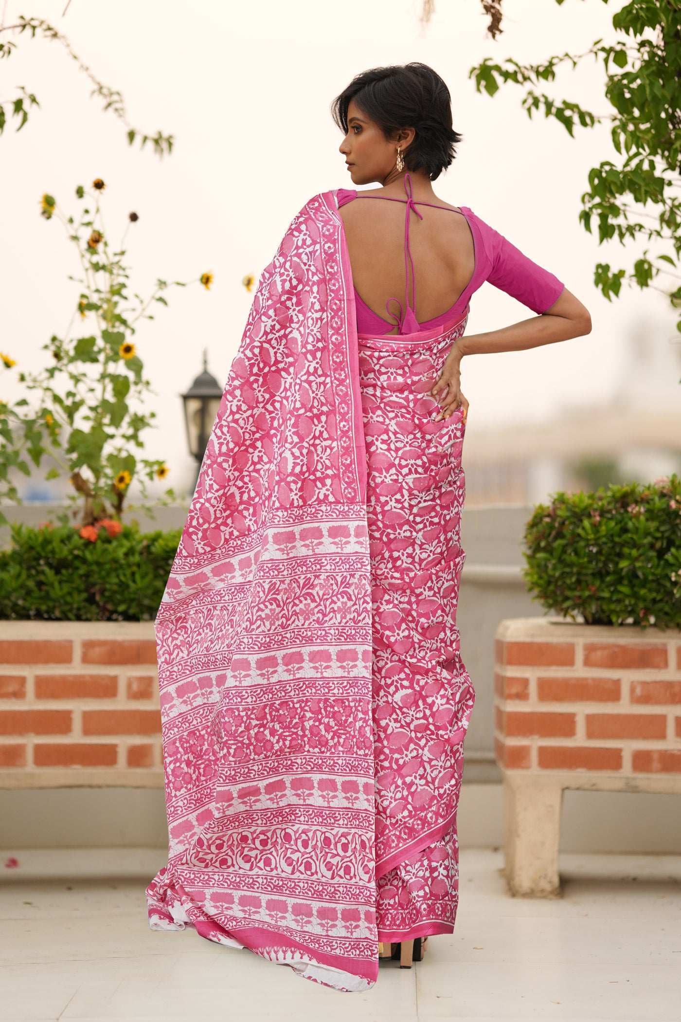 Pink Pure Block Printed Soft Cotton Saree