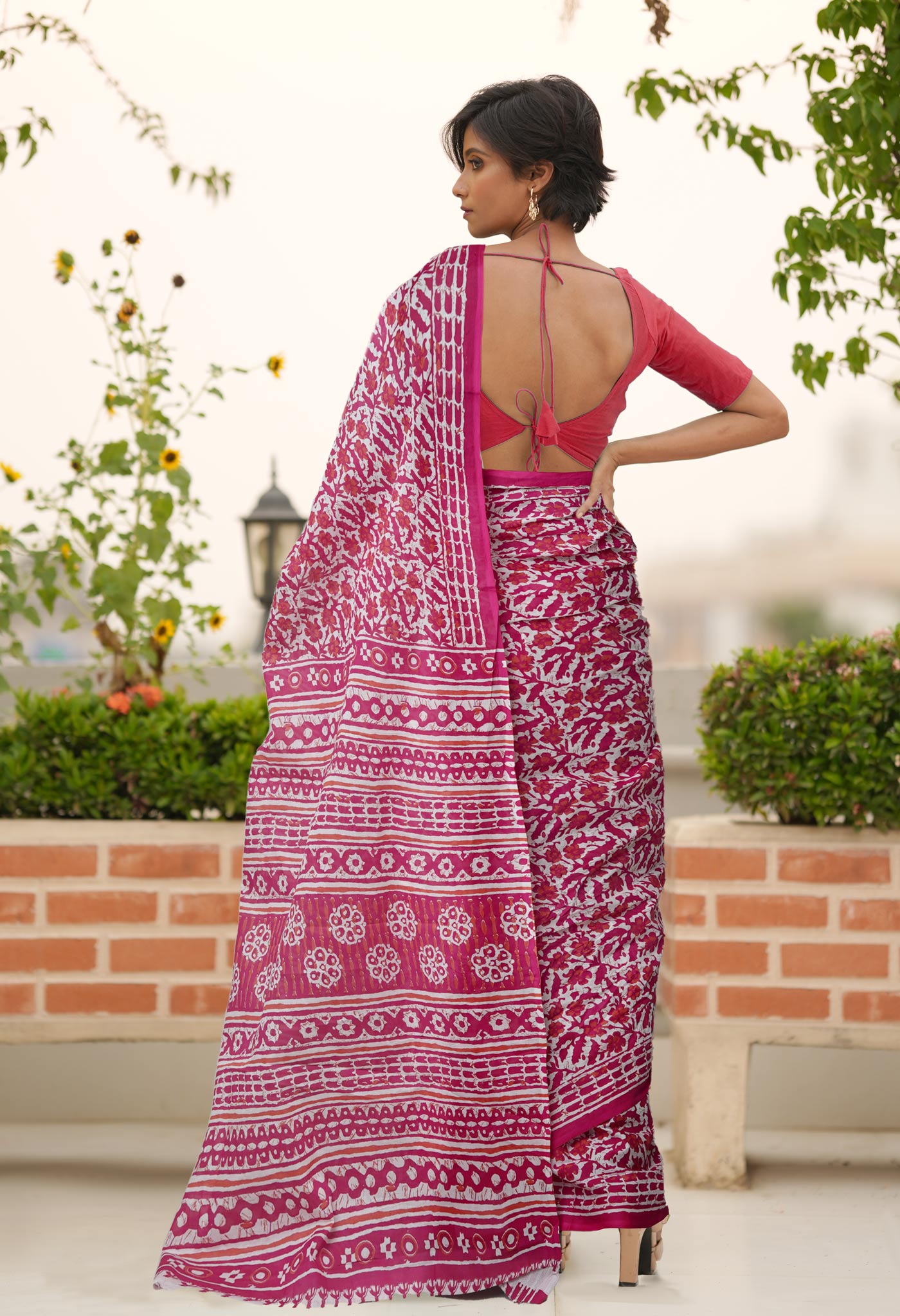 White-Pink Pure Block Printed Soft Cotton Saree