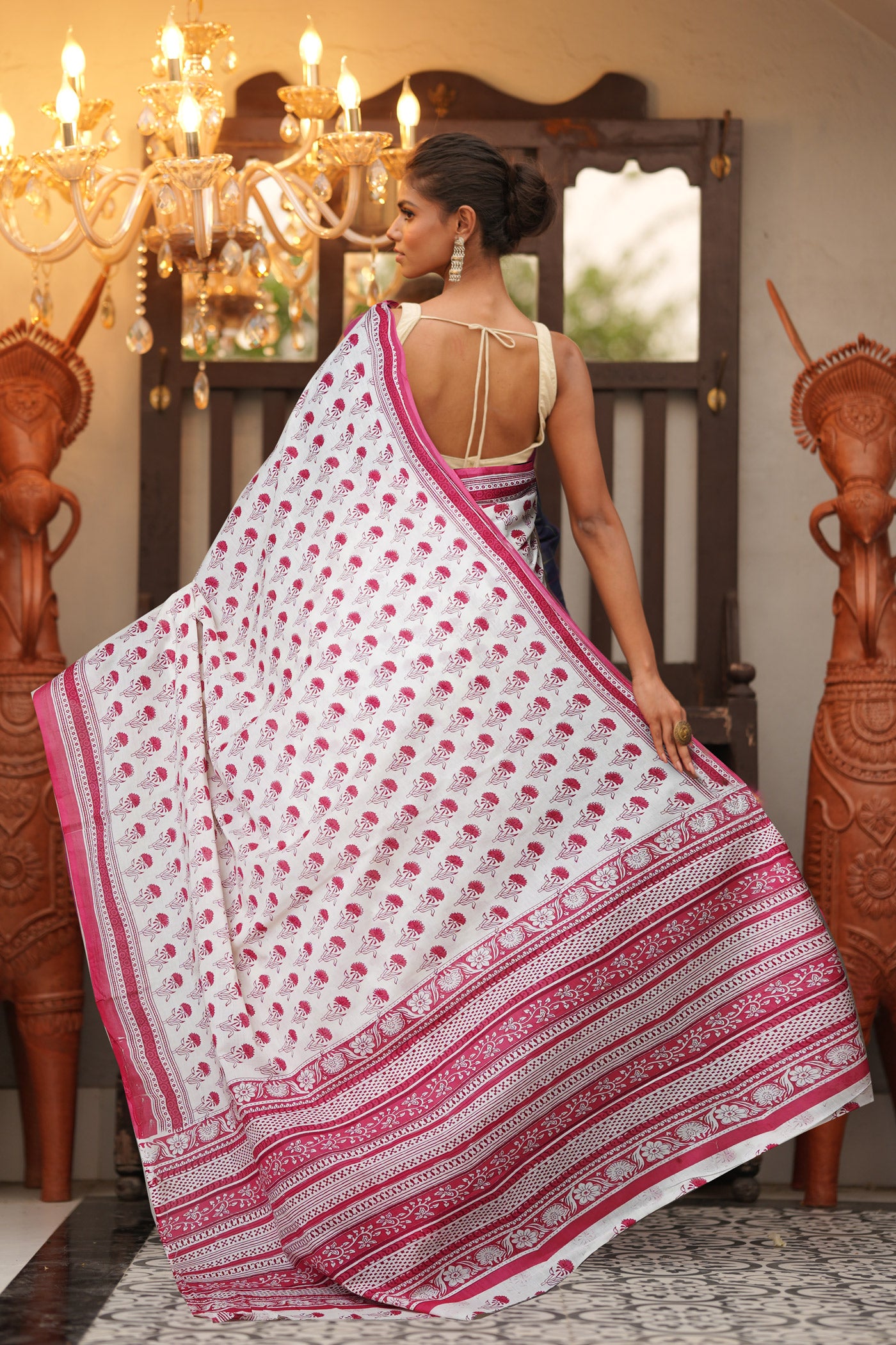 White-Pink Pure Block Printed Soft Cotton Saree-UNM77920