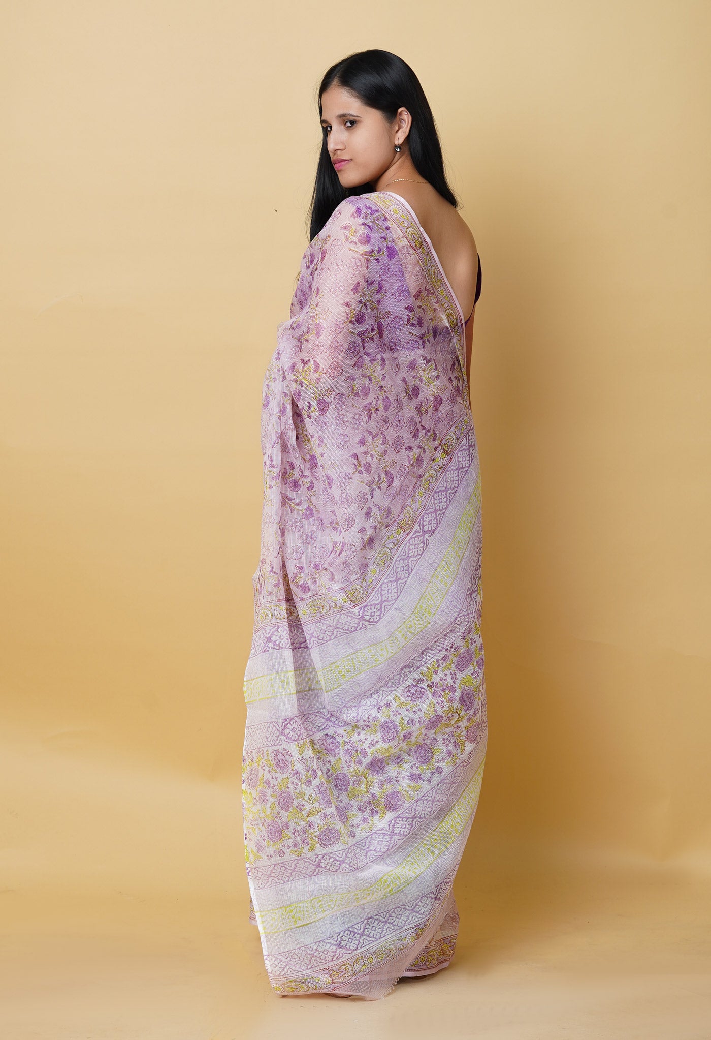 Pastel Lavender Pure Hand Block Printed Kota Saree