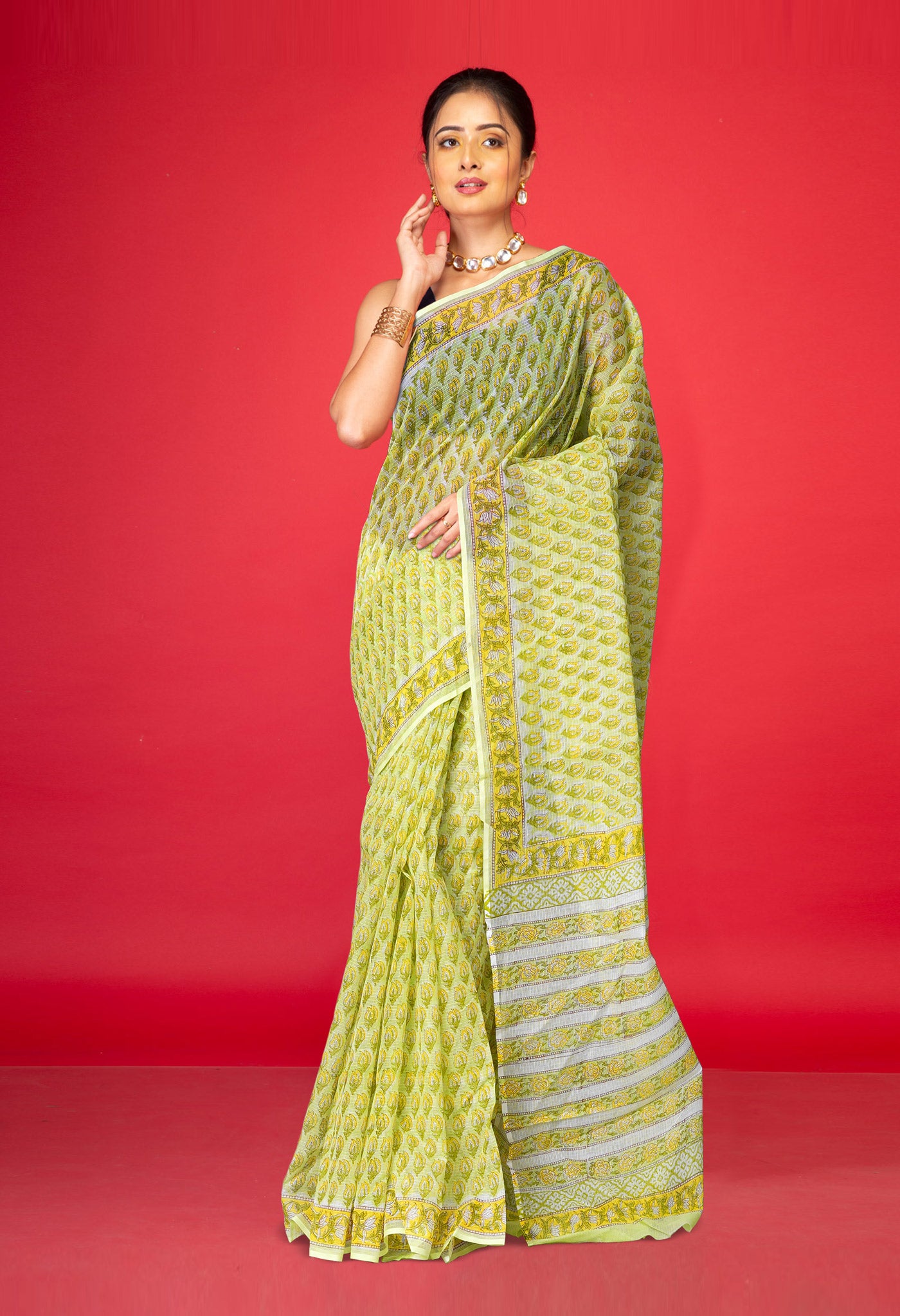 Pastel Green Pure Hand Block Printed Kota Saree-UNM77925