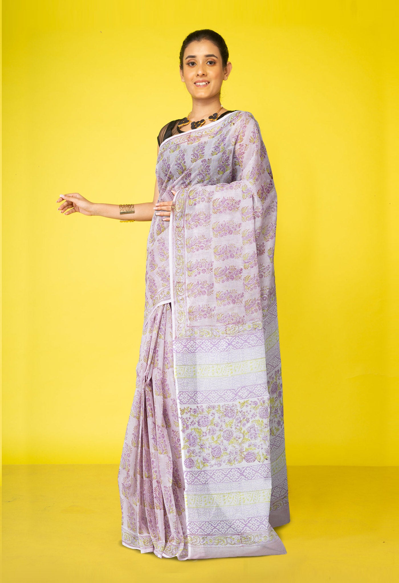 Pastel Lavender Pure Hand Block Printed Kota Saree-UNM77926