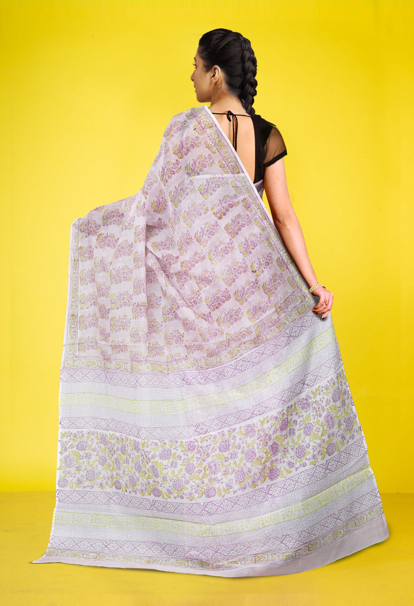 Pastel Lavender Pure Hand Block Printed Kota Saree-UNM77926