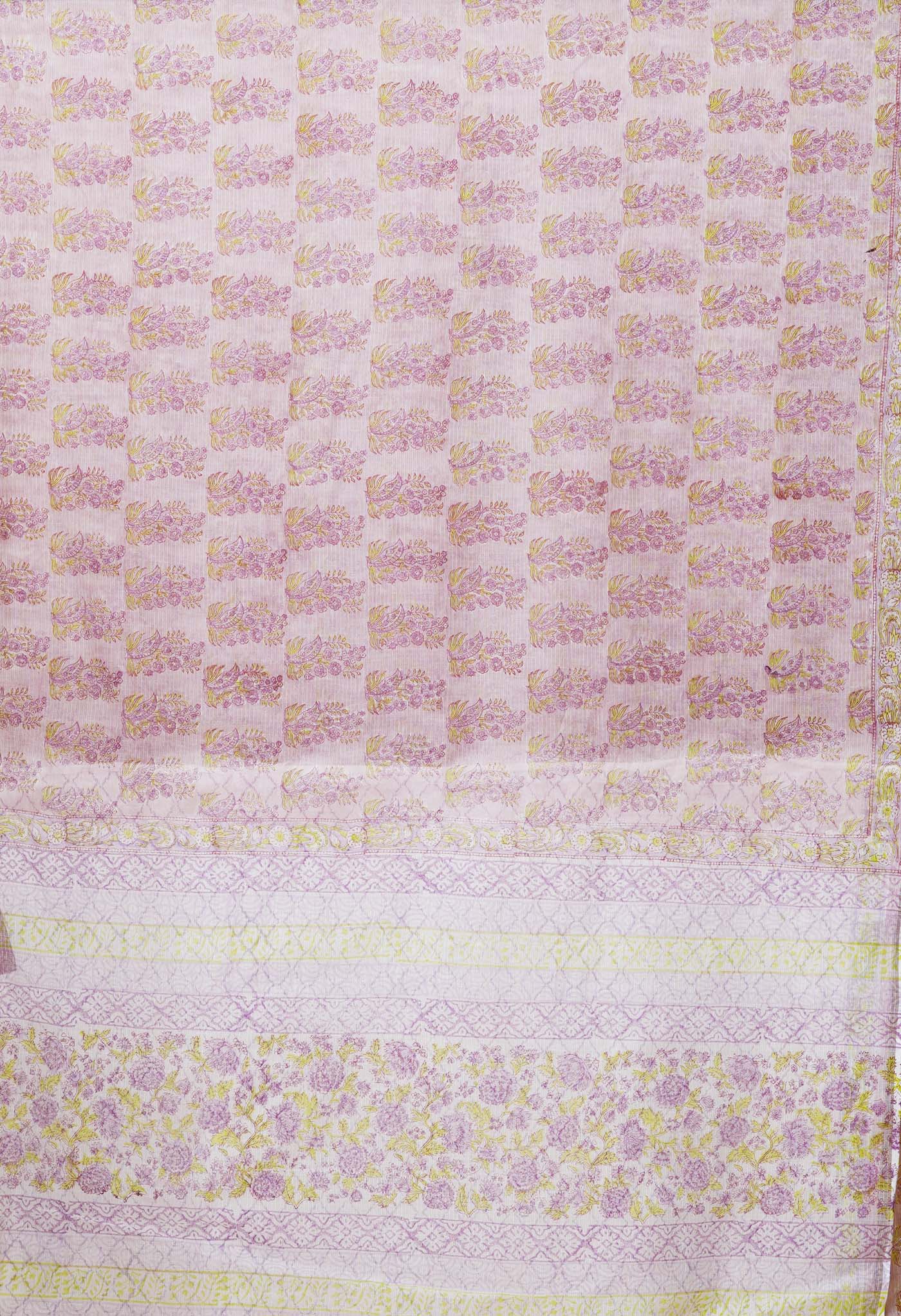 Pastel Lavender Pure Hand Block Printed Kota Saree-UNM77926