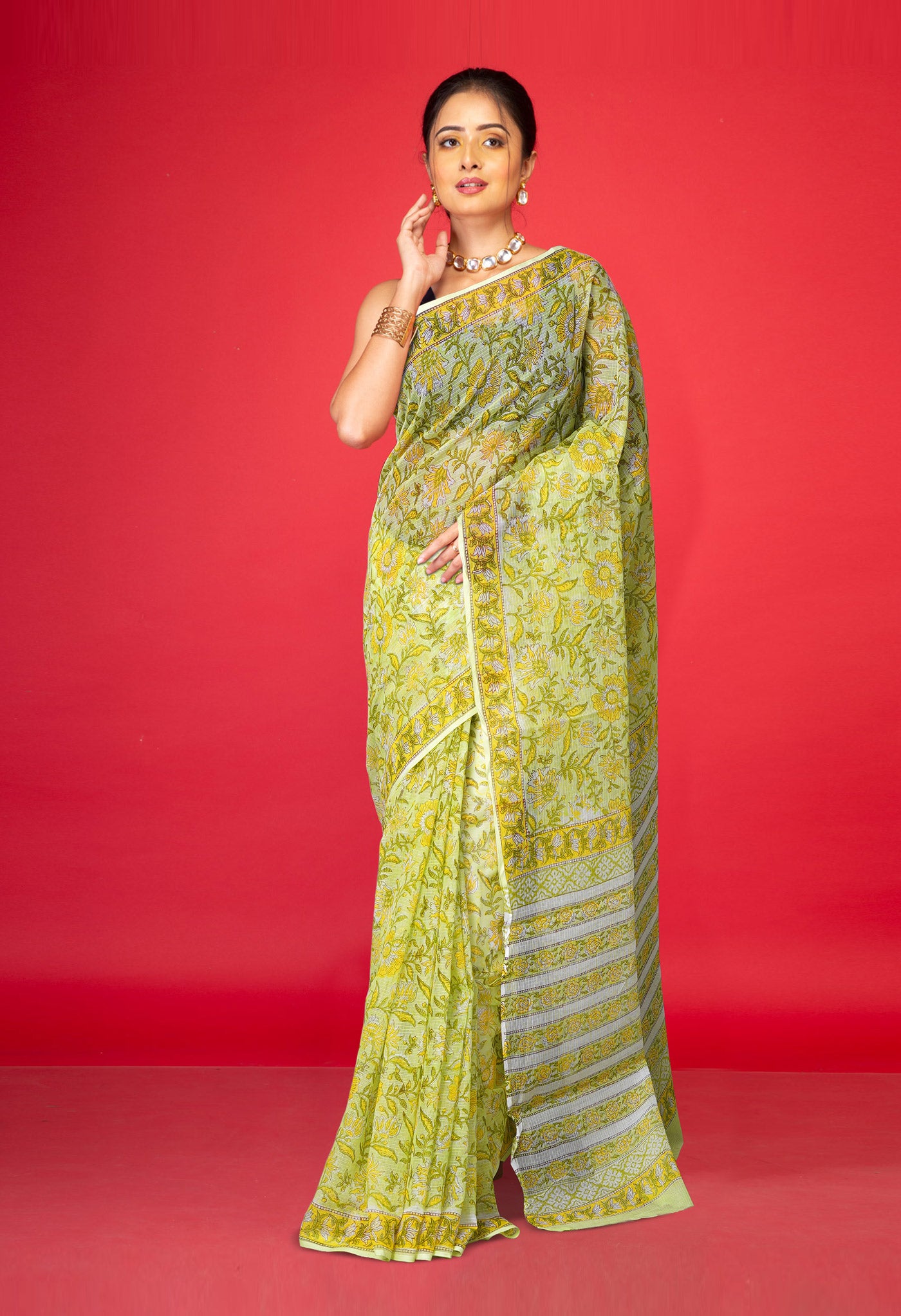 Pastel Green Pure Hand Block Printed Kota Saree-UNM77927