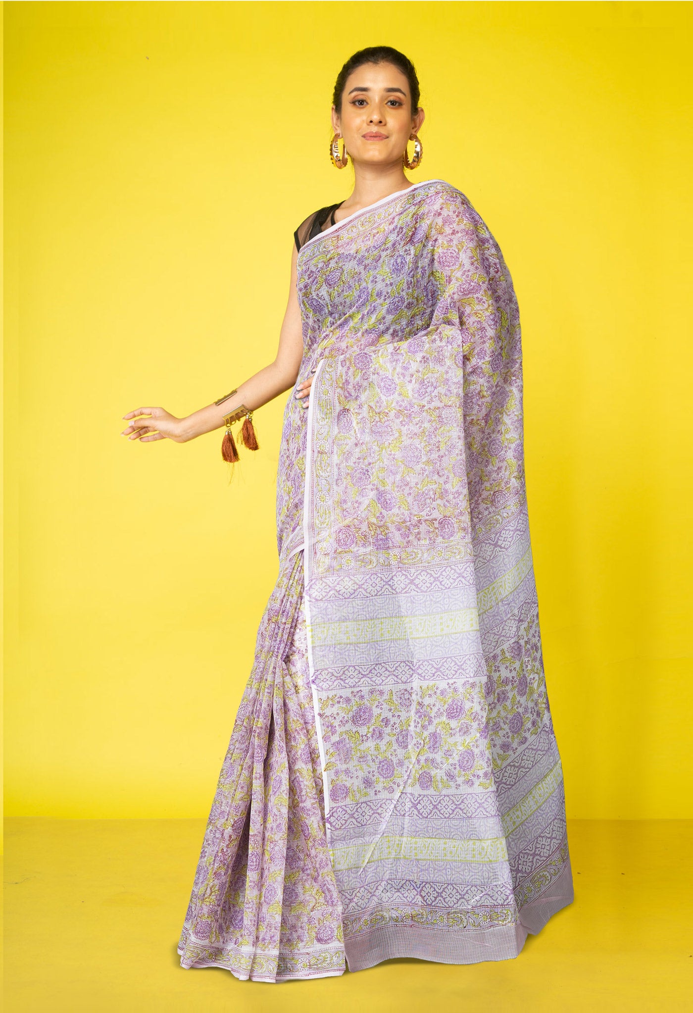 Pastel Lavender Pure Hand Block Printed Kota Saree-UNM77928