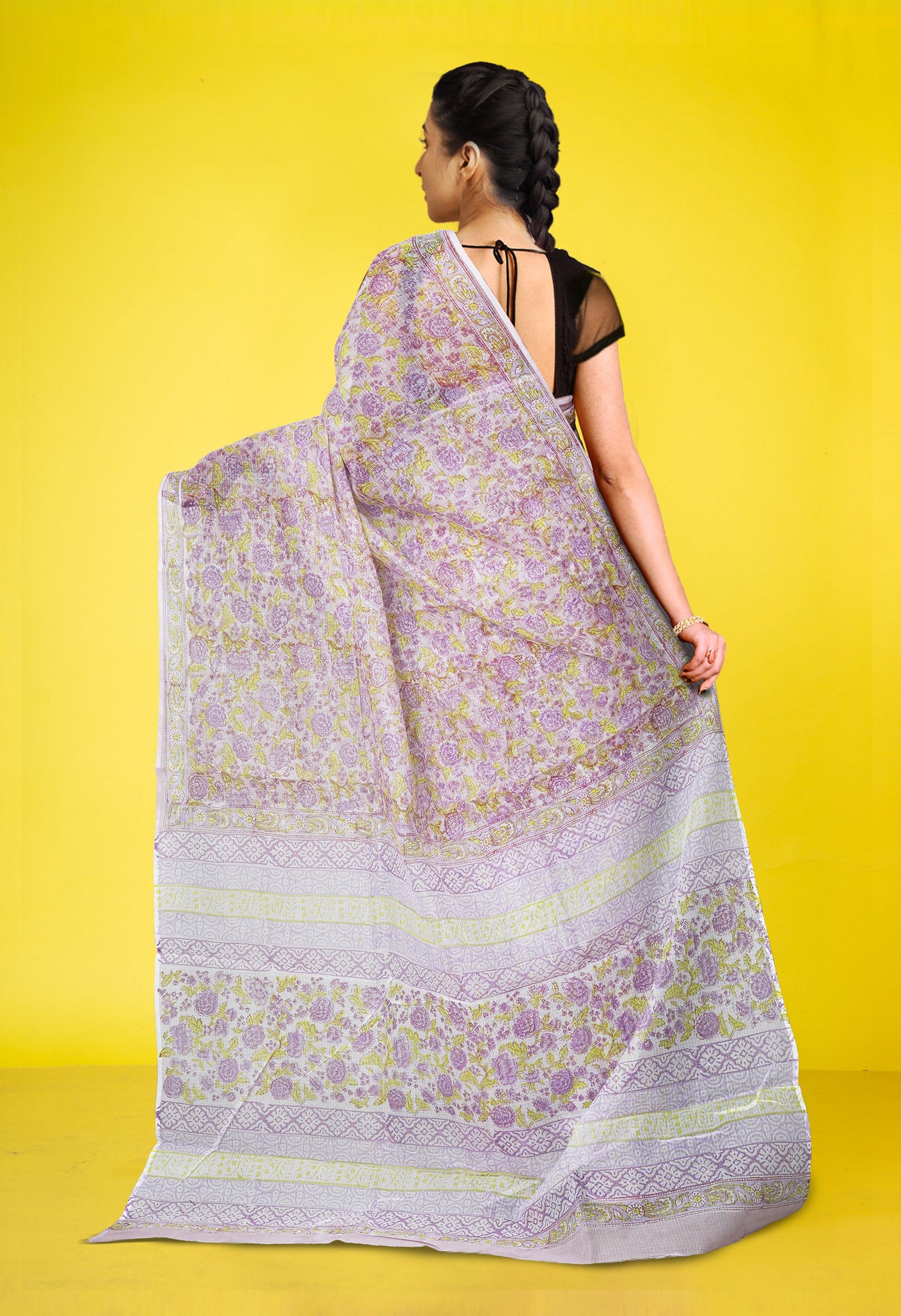 Pastel Lavender Pure Hand Block Printed Kota Saree-UNM77928