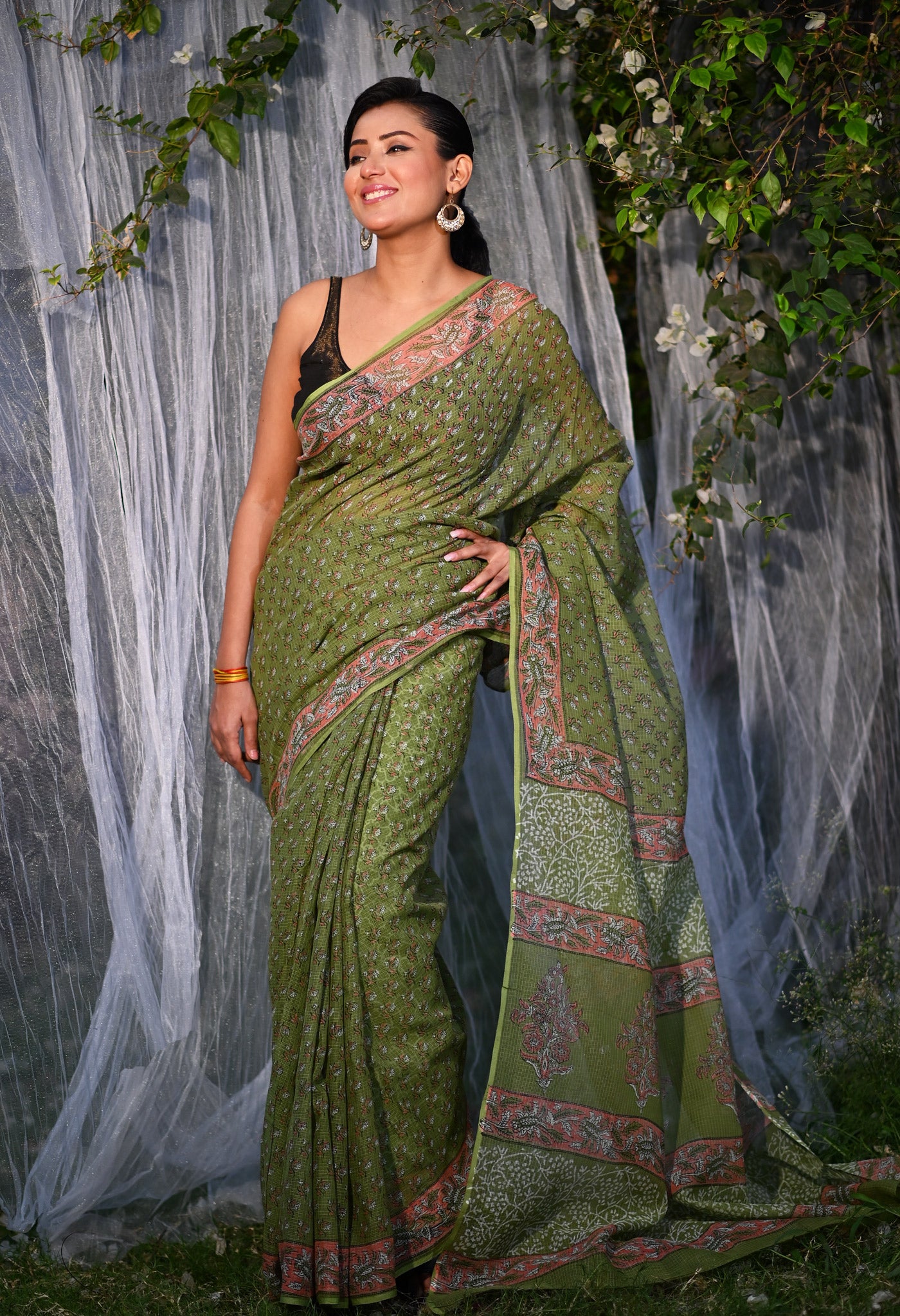 Green Pure Hand Block Printed Kota Saree-UNM77941