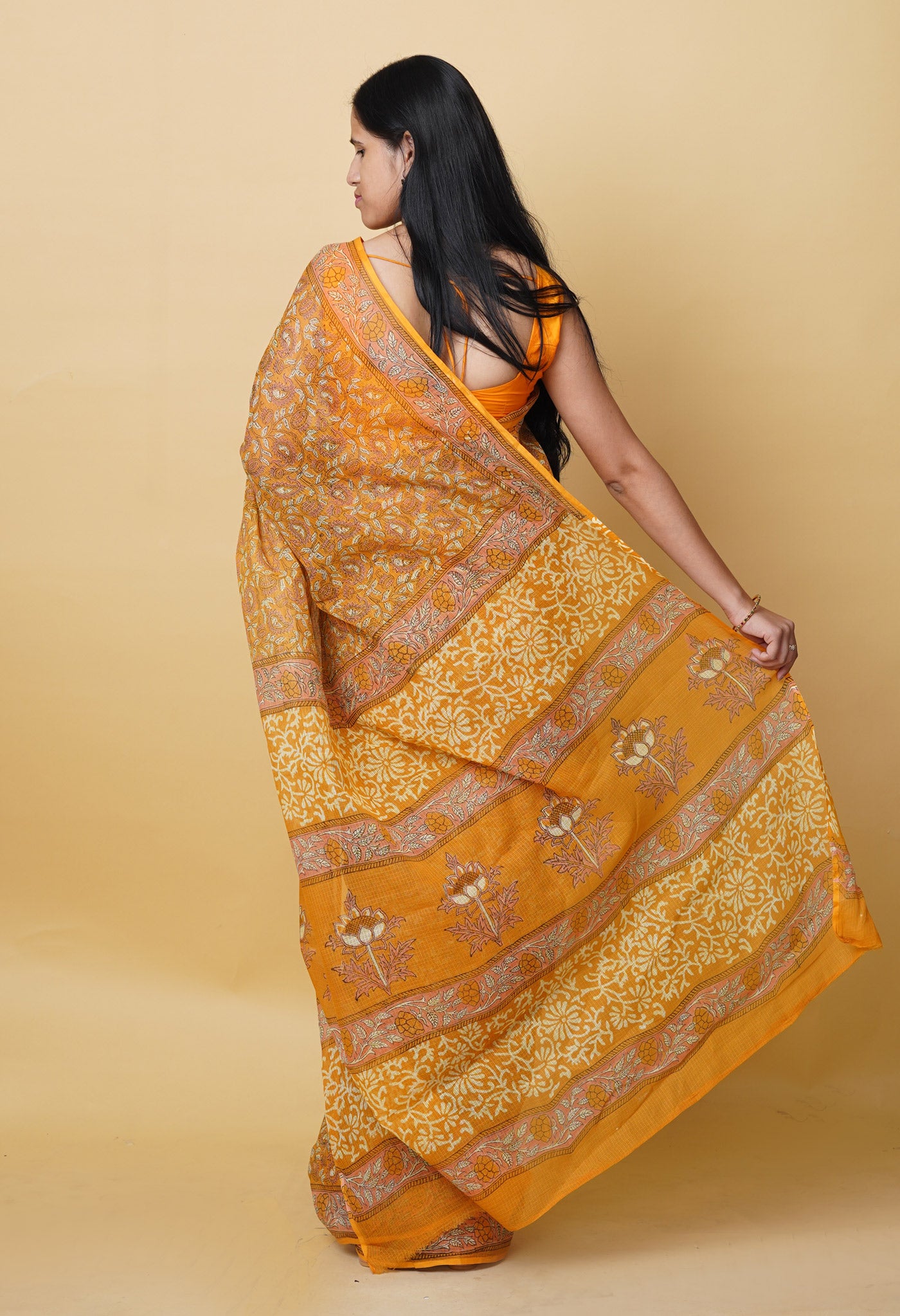 Yellow Pure Hand Block Printed Kota Saree