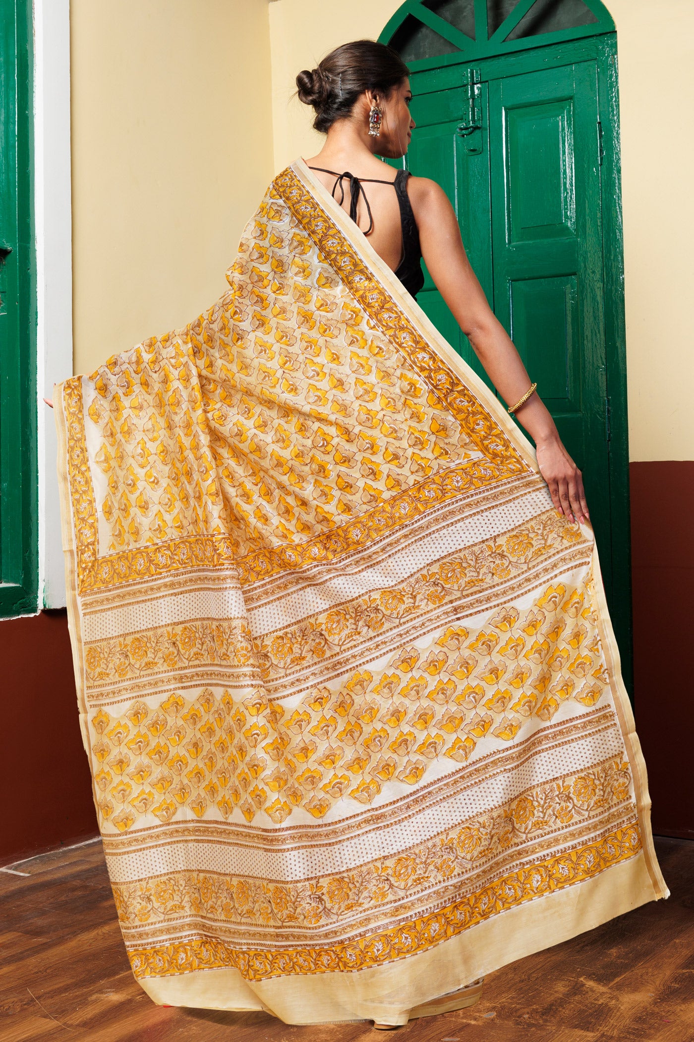 Cream Pure Hand Block Printed Chanderi Sico Saree-UNM77943