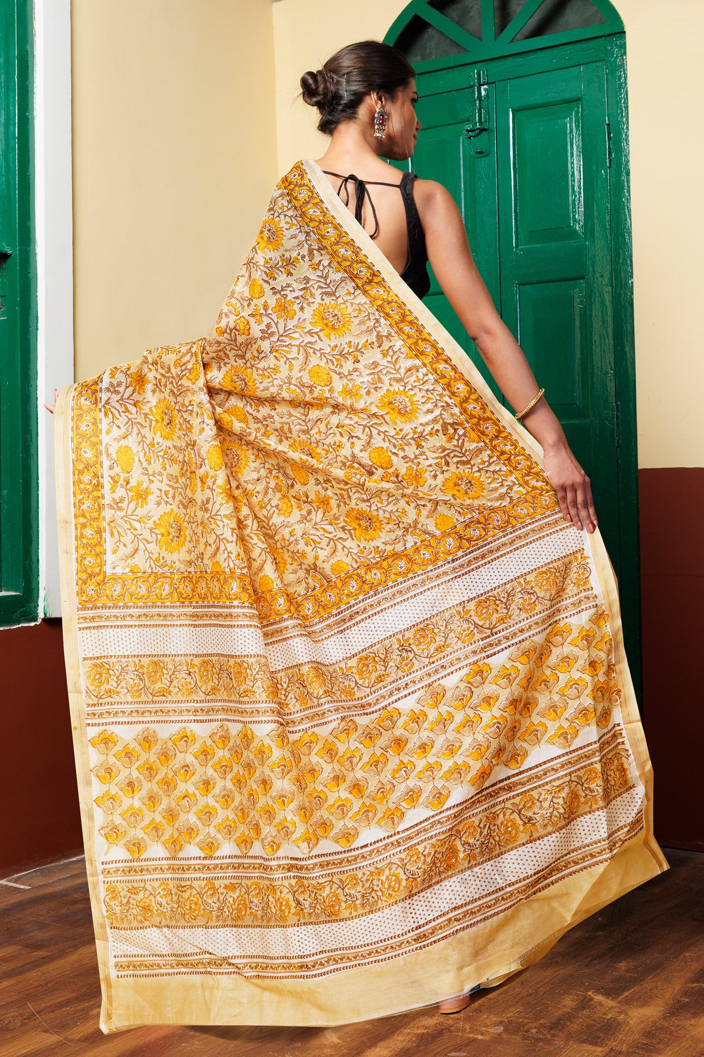 Cream Pure Hand Block Printed Chanderi Sico Saree-UNM77944