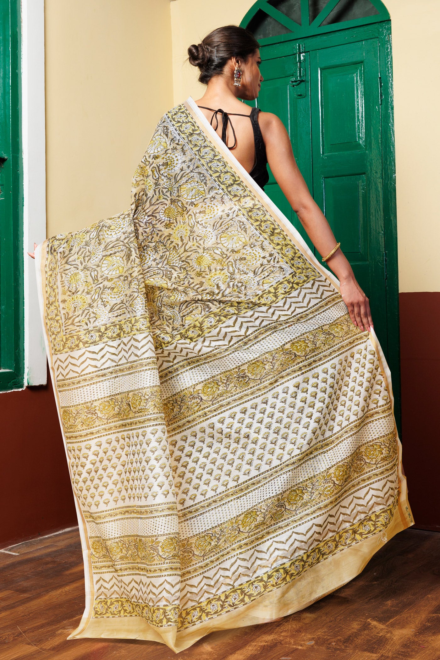 Pastel Brown Pure Hand Block Printed Chanderi Sico Saree-UNM77948