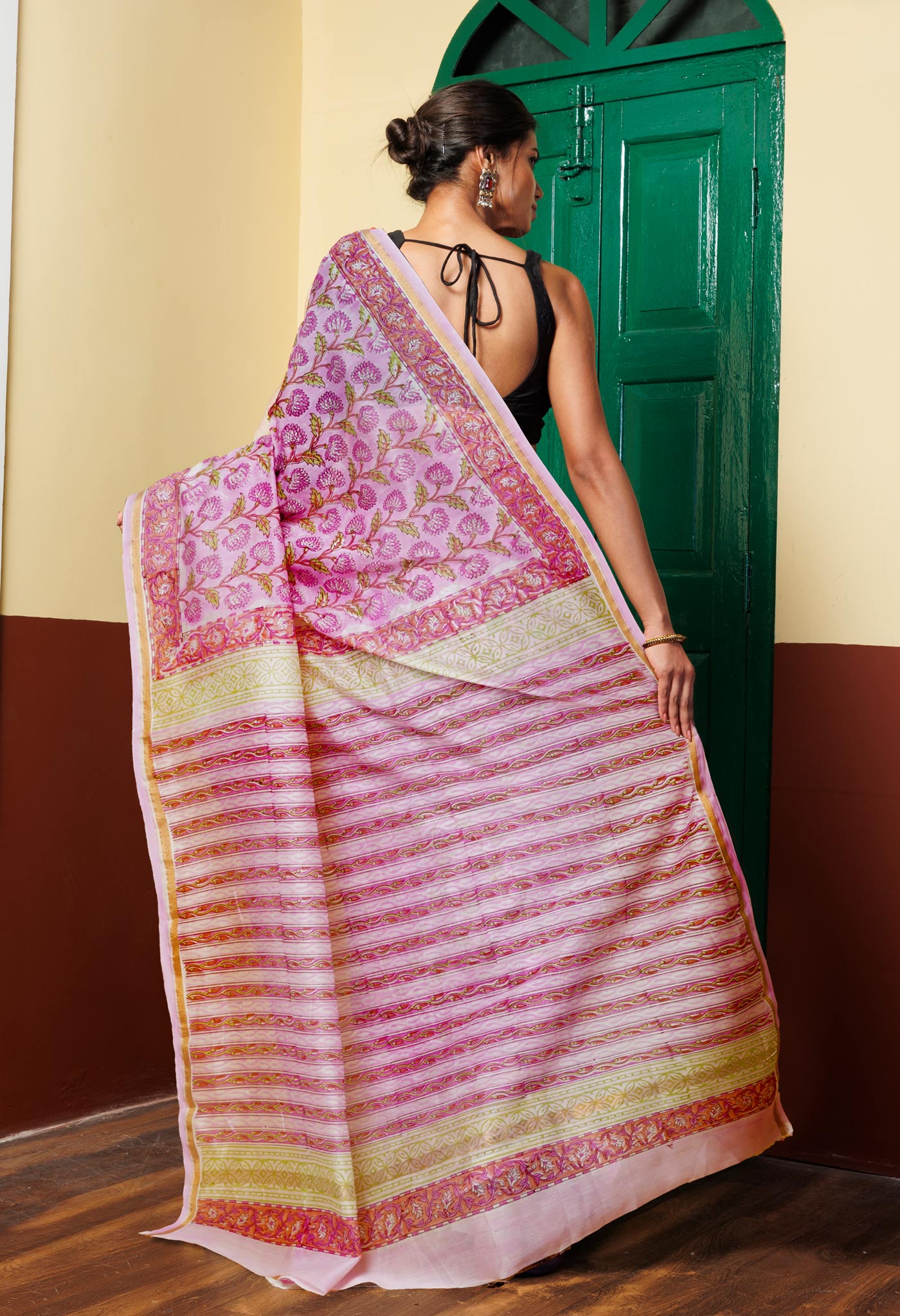 Pastel Pink Pure Hand Block Printed Chanderi Sico Saree-UNM77950