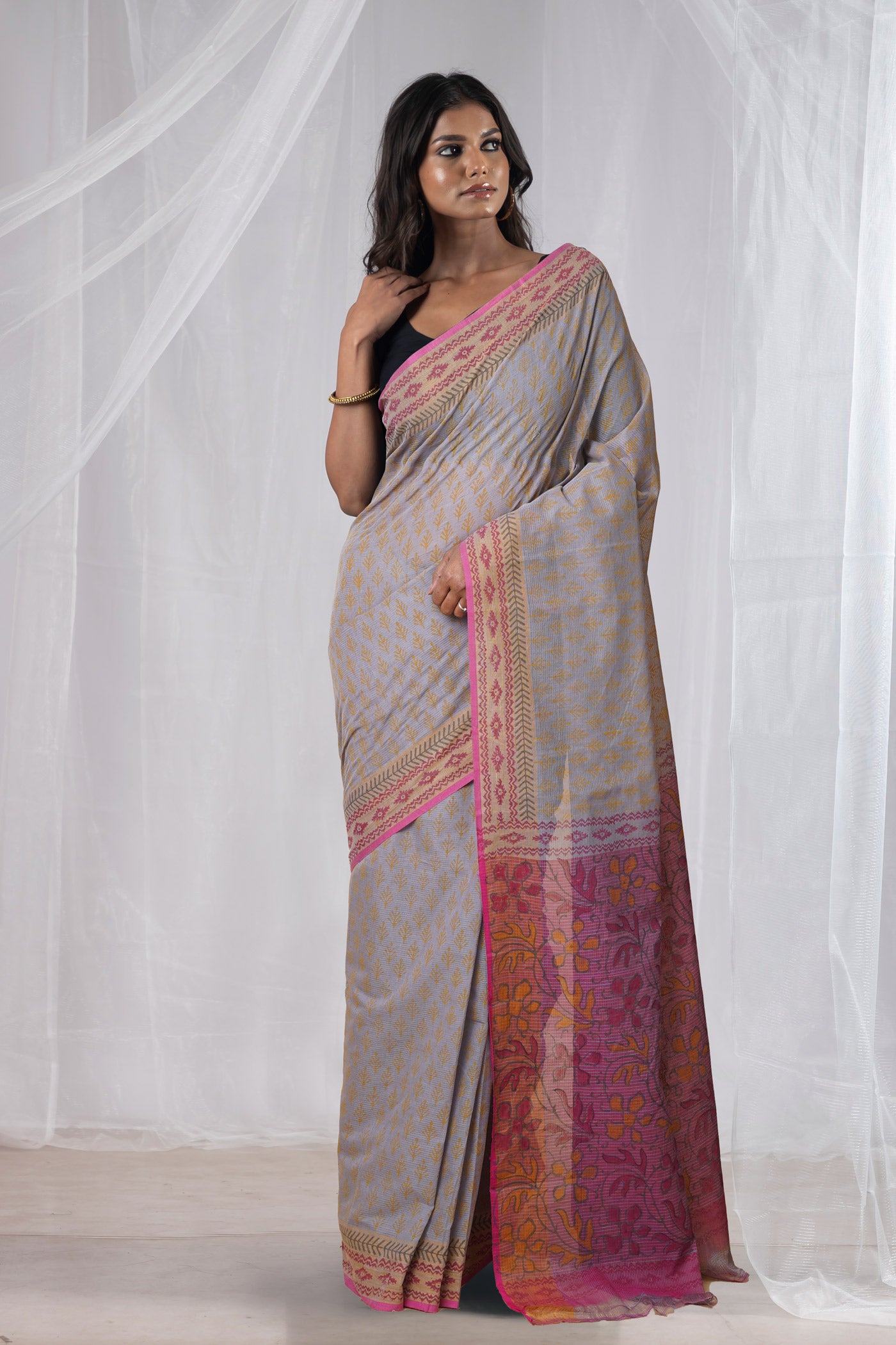 Grey Pure Hand Block Printed Mangalgiri Cotton Saree