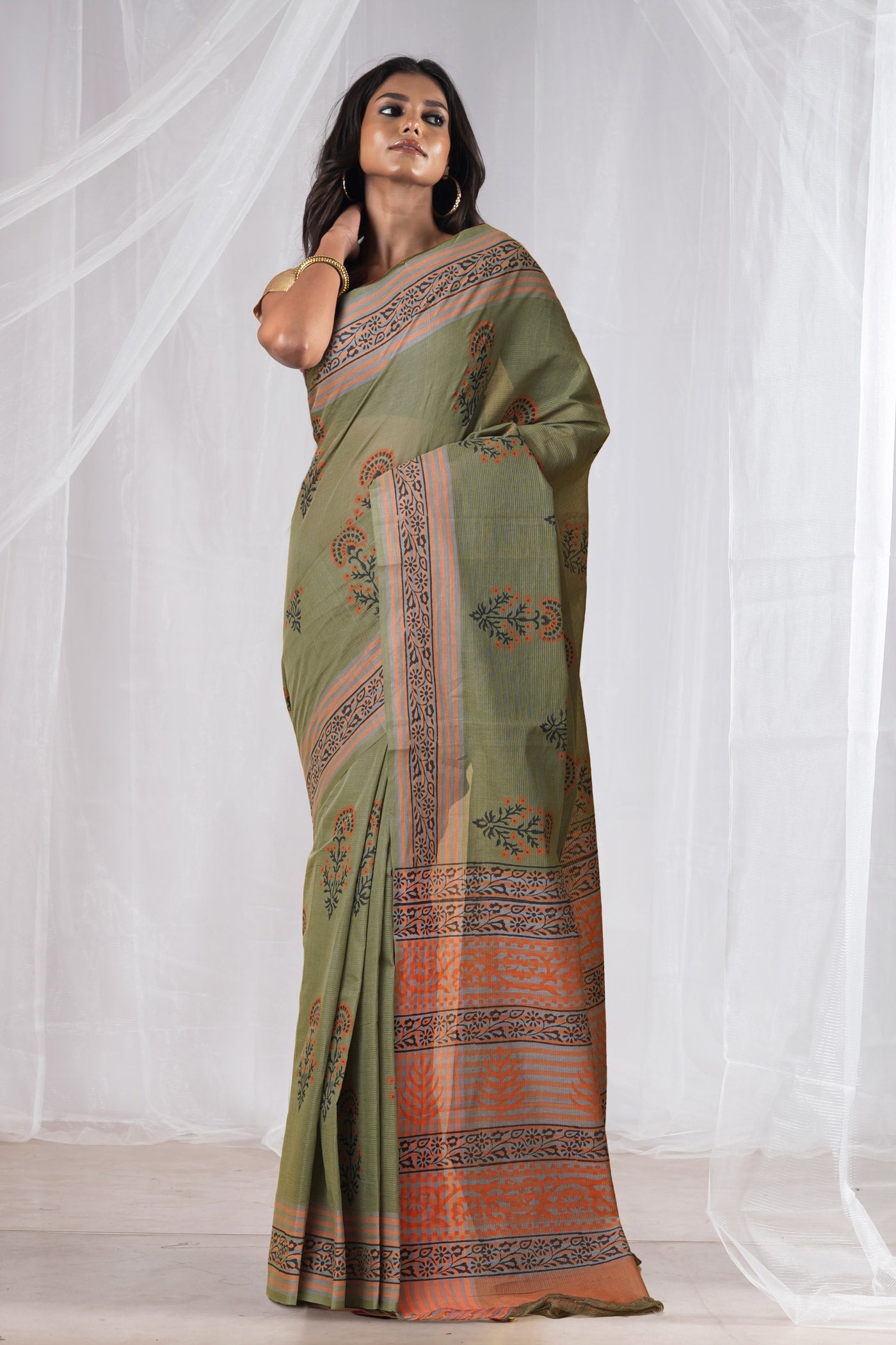 Green Pure Hand Block Printed Mangalgiri Cotton Saree