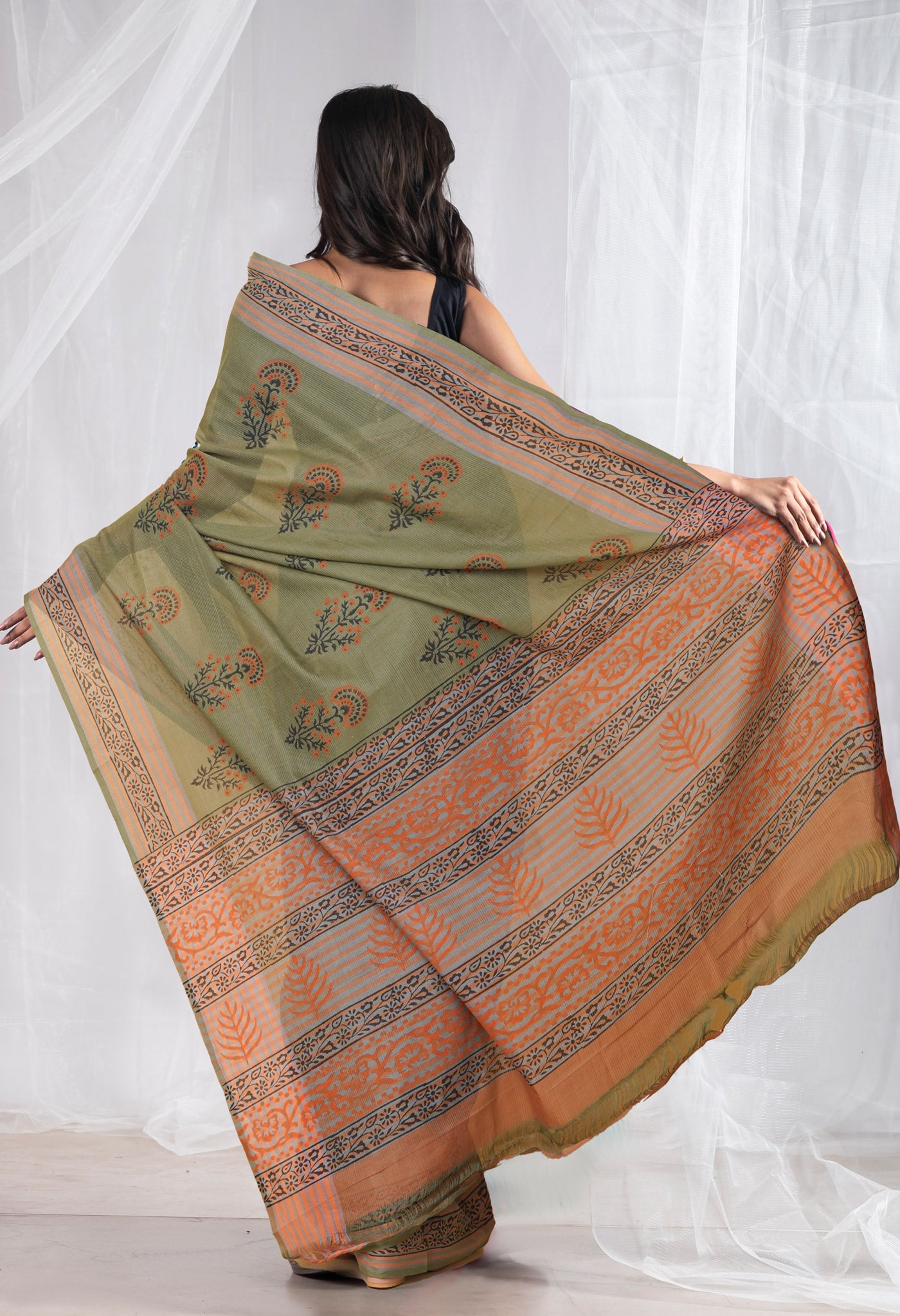 Green Pure Hand Block Printed Mangalgiri Cotton Saree