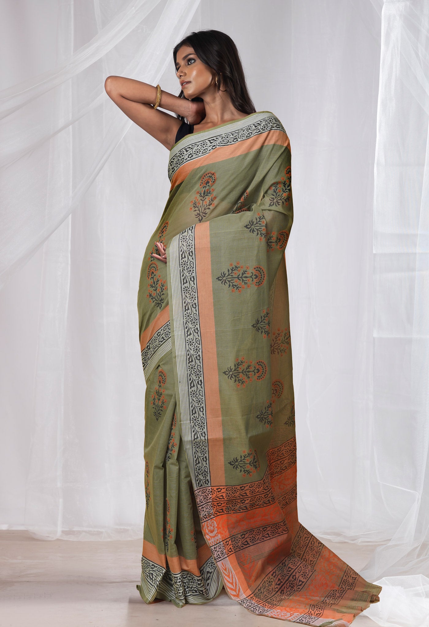 Green Pure Hand Block Printed Mangalgiri Cotton Saree