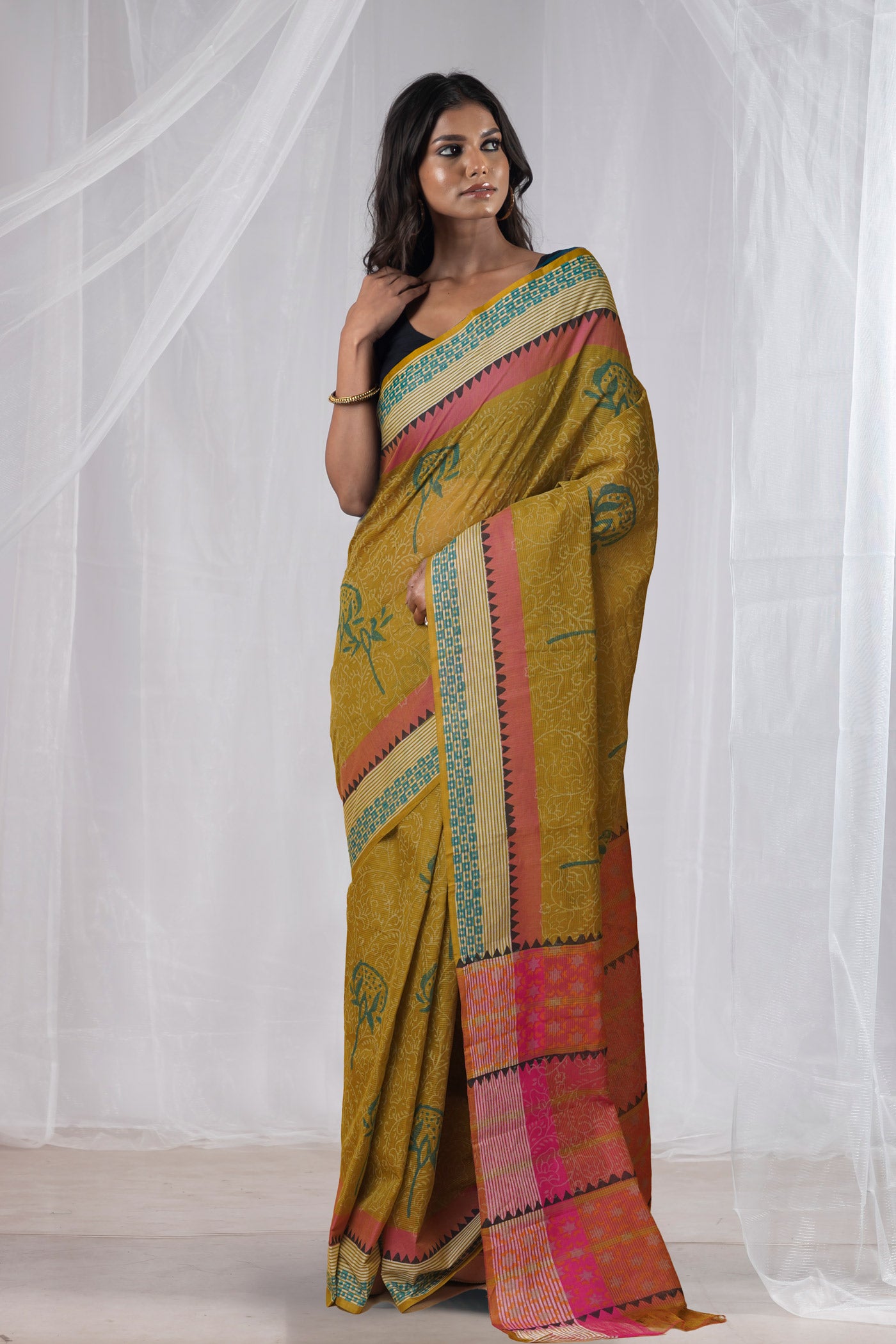 Mehind Green Pure Hand Block Printed Mangalgiri Cotton Saree