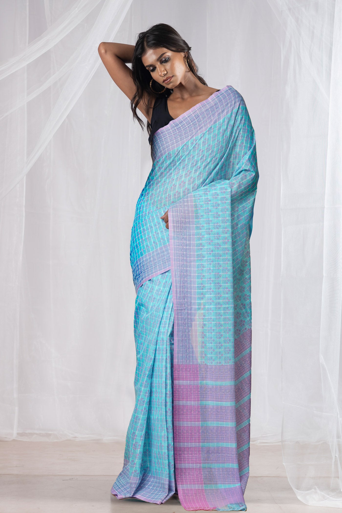 Blue Pure Hand Block Printed Mangalgiri Cotton Saree