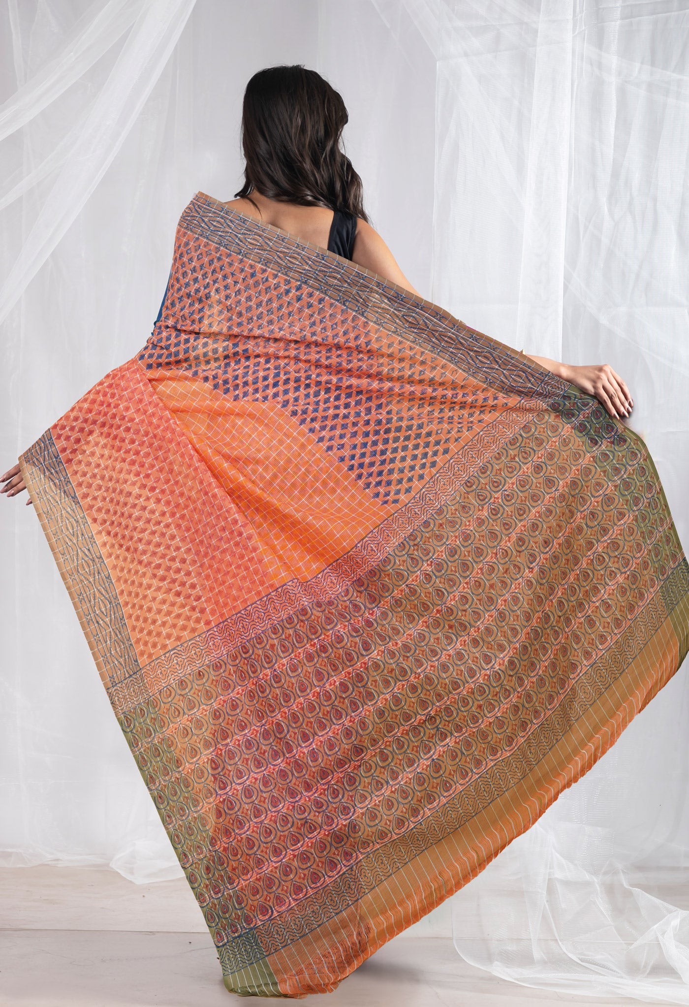 Orange Pure Hand Block Printed Mangalgiri Cotton Saree