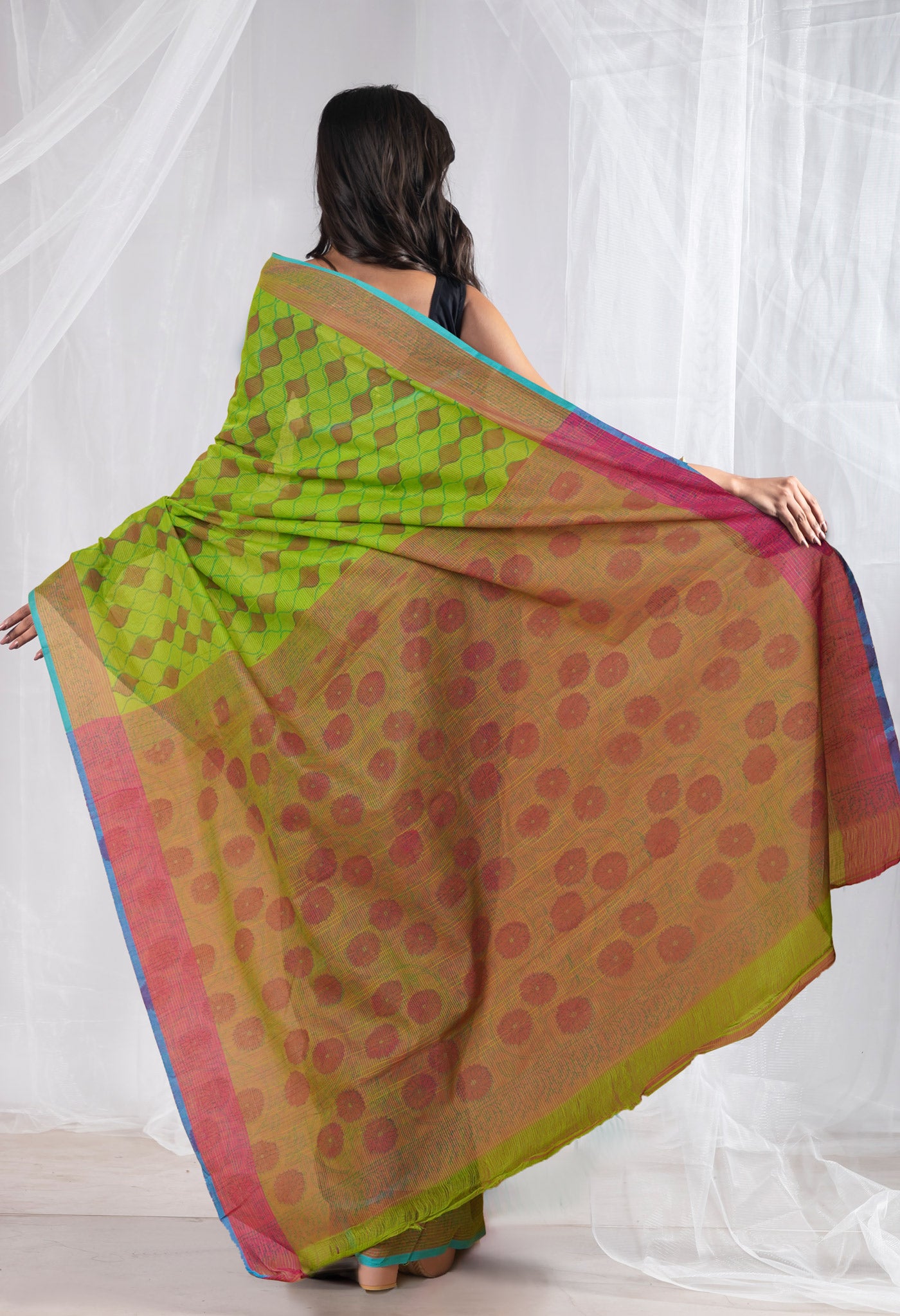 Green Pure Hand Block Printed Mangalgiri Cotton Saree-UNM77979