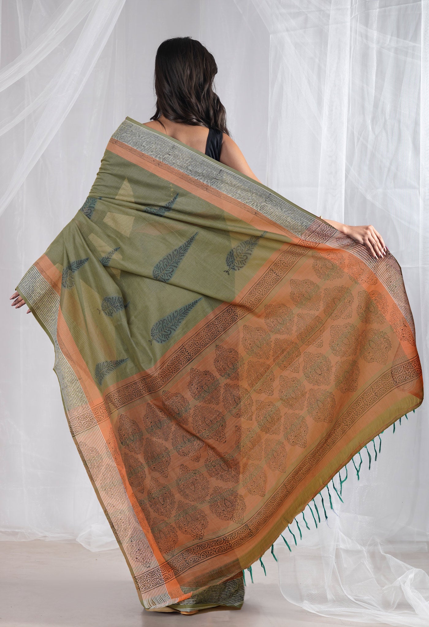 Green Pure Hand Block Printed Mangalgiri Cotton Saree