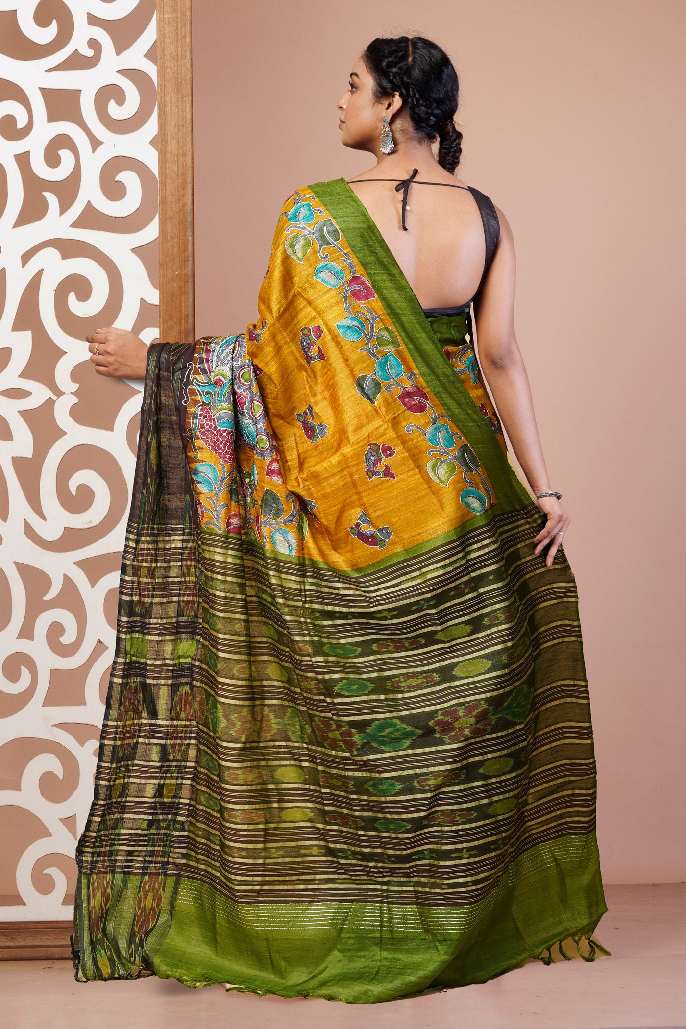 Yellow Pure Handloom Block Printed With Embroidery Work Vidarbha Tussar Silk Saree