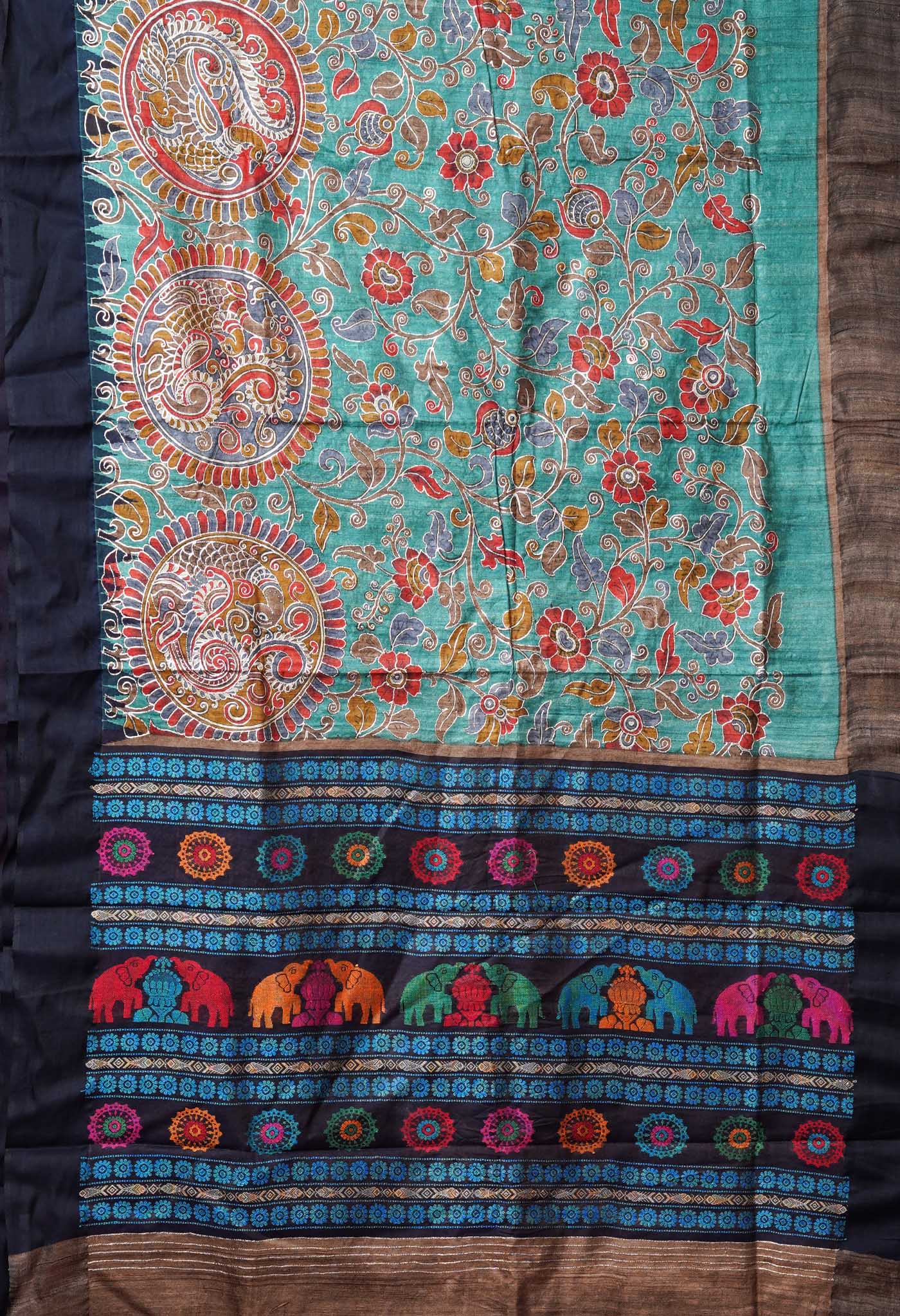 Turquoise Green Pure Handloom Block Printed With Embroidery Work Vidarbha Tussar Silk Saree-UNM78005