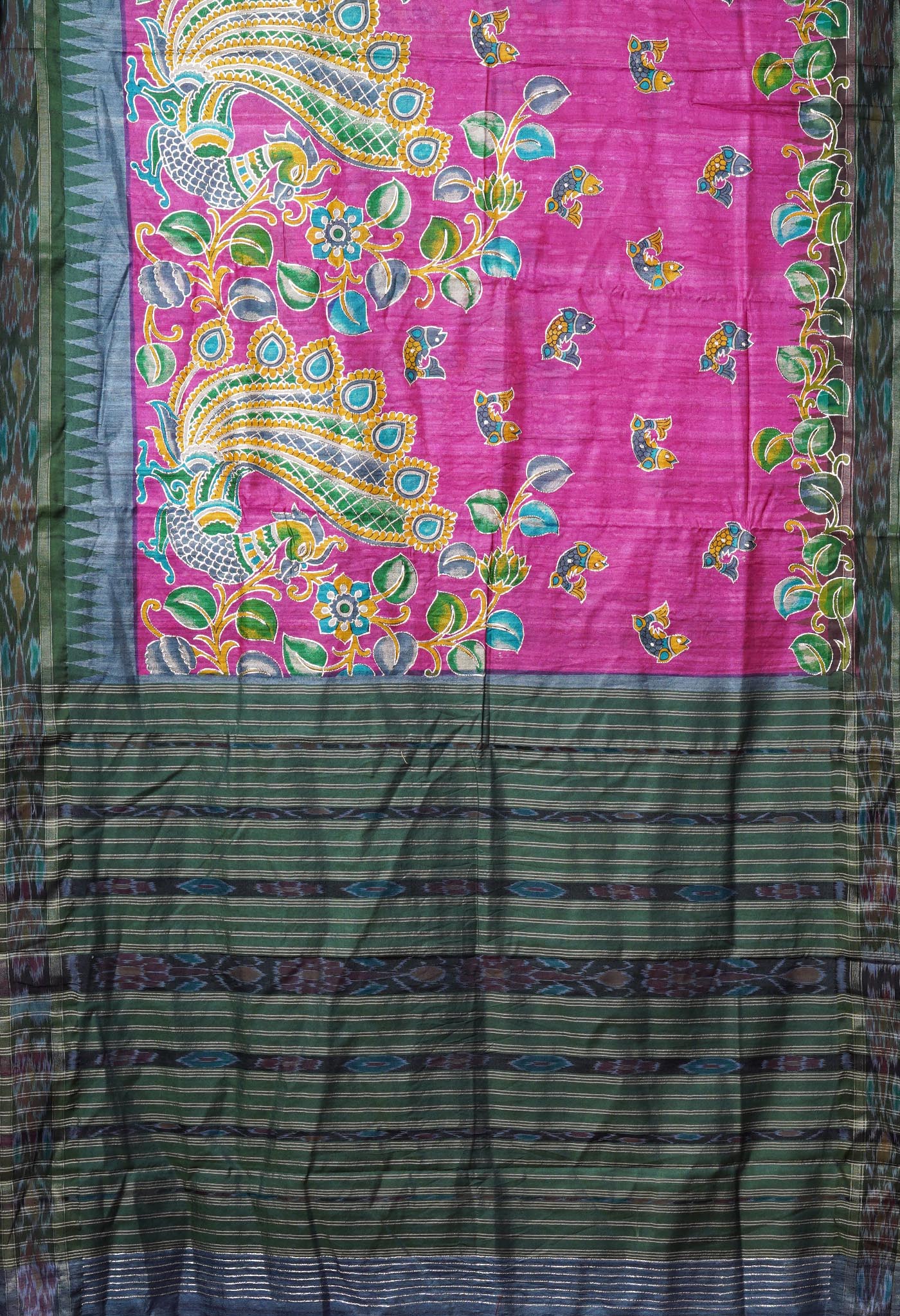 Pink Pure Handloom Block Printed With Embroidery Work Vidarbha Tussar Silk Saree-UNM78006