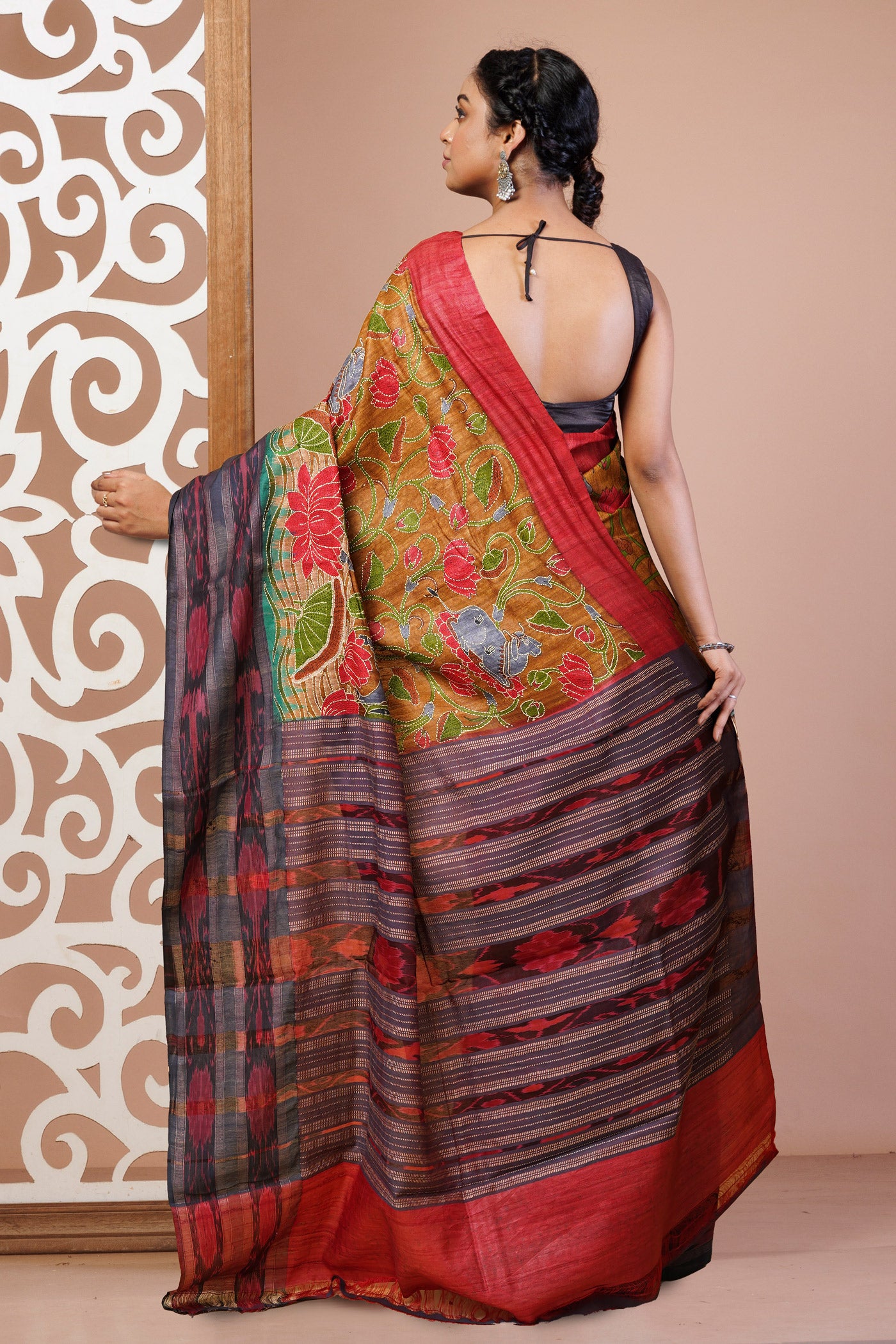 Yellow Pure Handloom Block Printed With Kantha Work Vidarbha Tussar Silk Saree