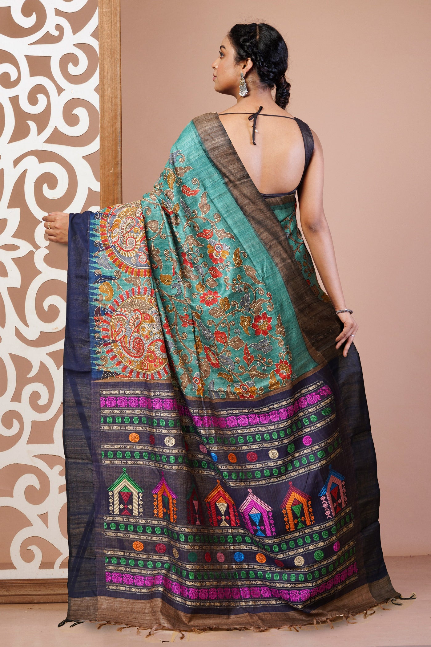 Turquoise Green Pure Handloom Block Printed With Kantha Work Vidarbha Tussar Silk Saree