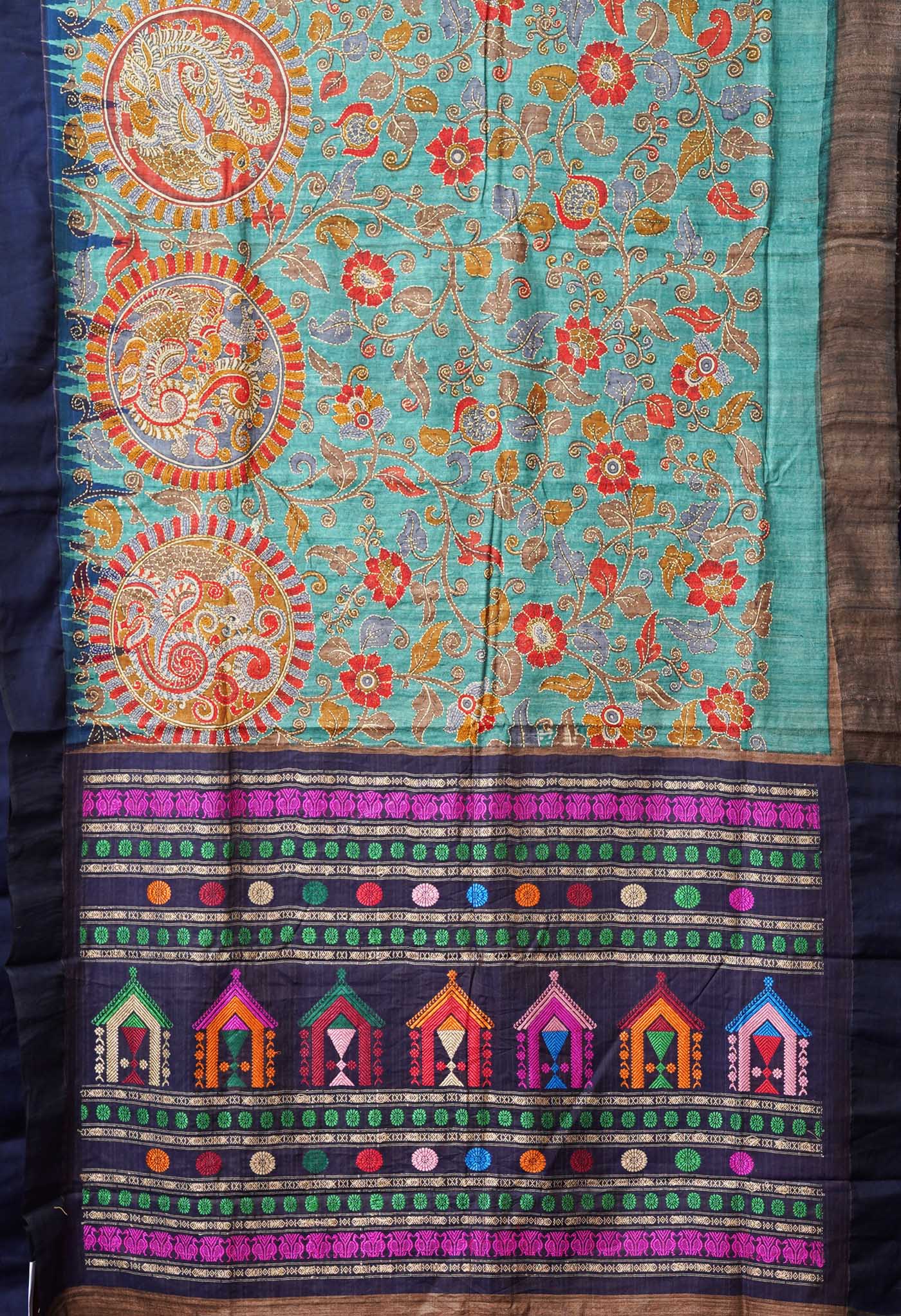 Turquoise Green Pure Handloom Block Printed With Kantha Work Vidarbha Tussar Silk Saree