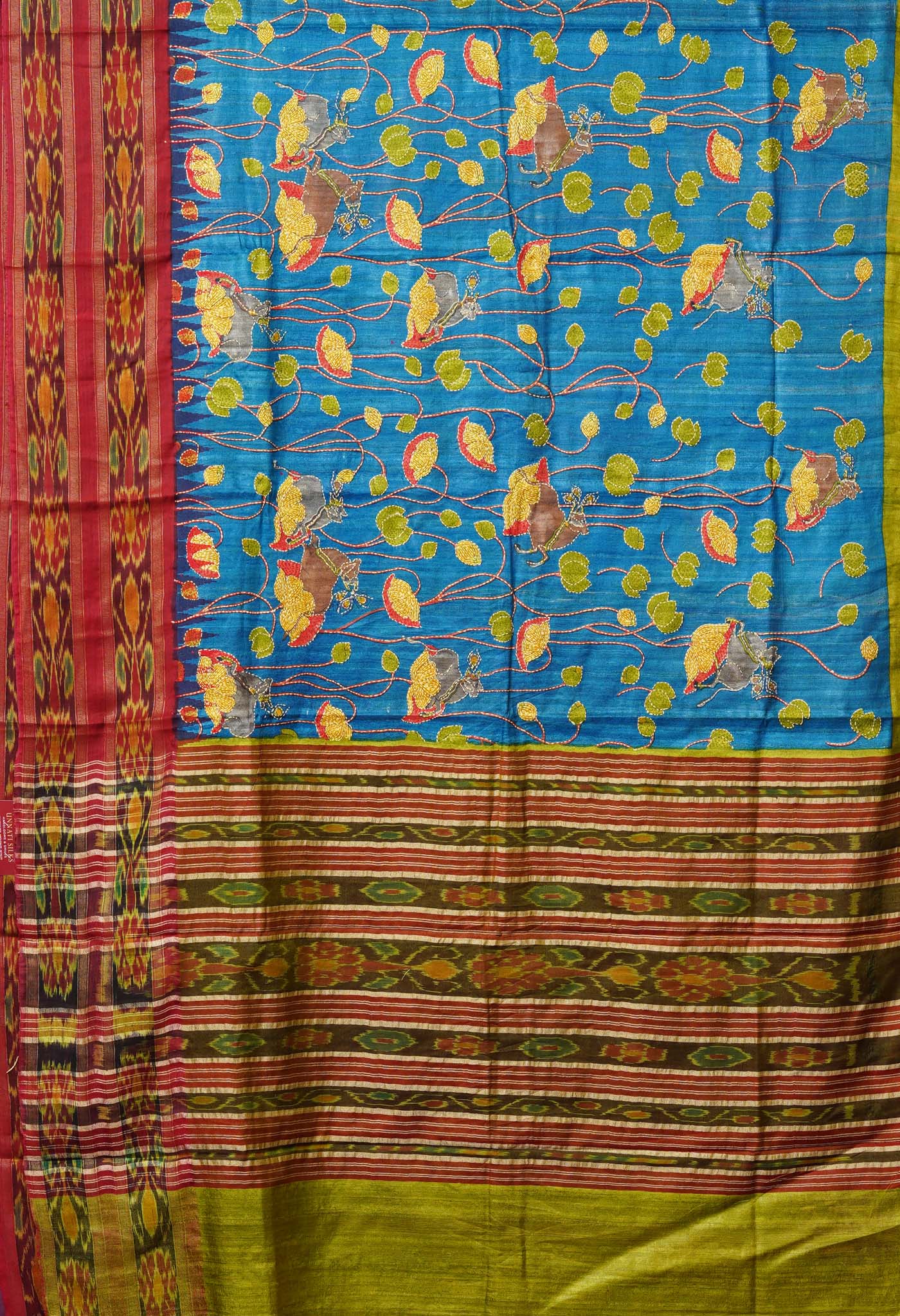 Blue Pure Handloom Block Printed With Kantha Work Vidarbha Tussar Silk Saree-UNM78014