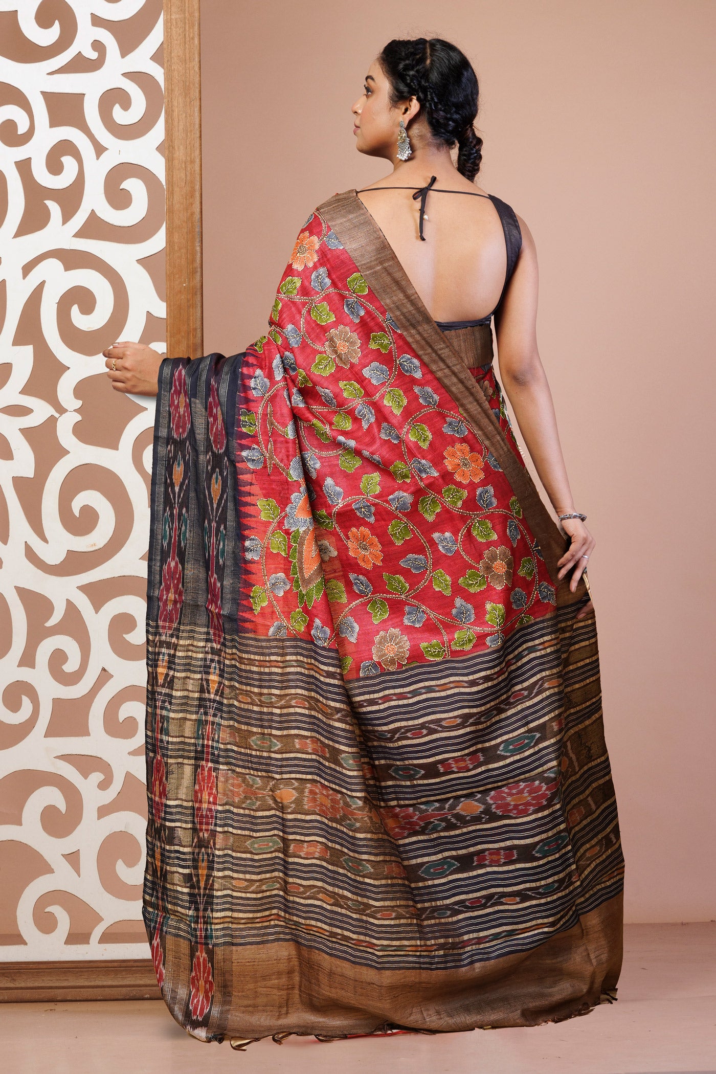 Red Pure Handloom Block Printed With Kantha Work Vidarbha Tussar Silk Saree