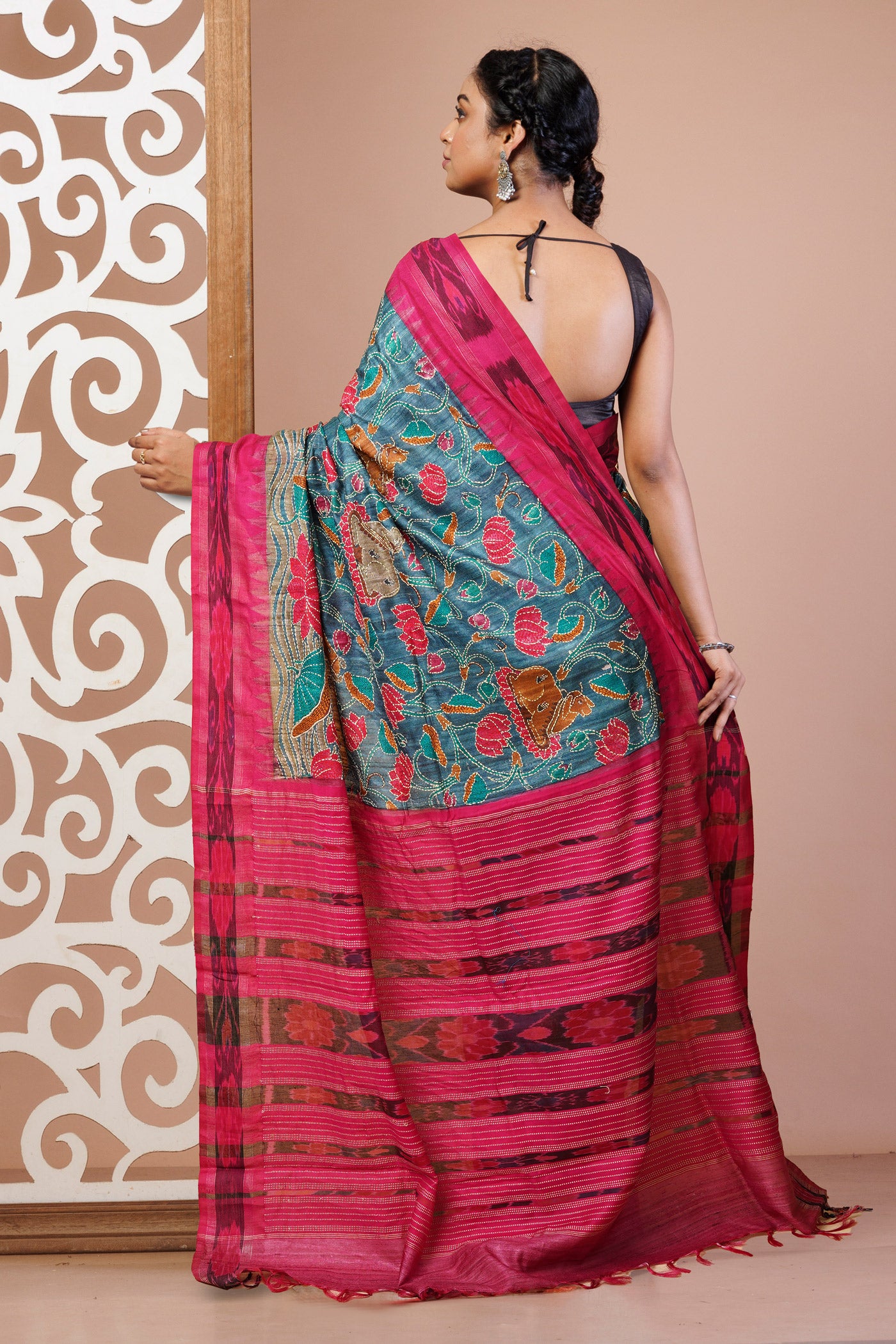 Grey Pure Handloom Block Printed With Kantha Work Vidarbha Tussar Silk Saree