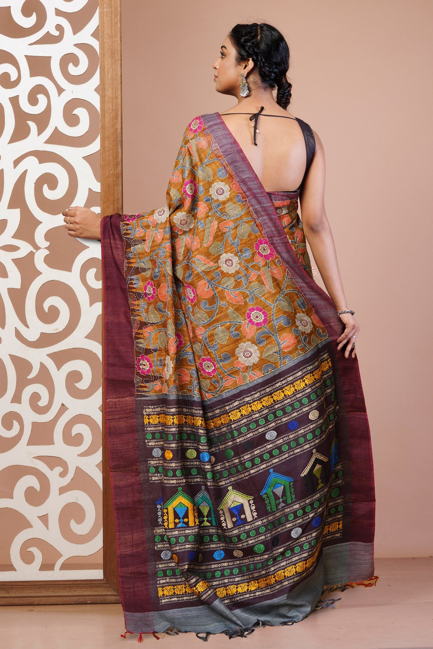 Yellow Pure Handloom Block Printed With Kantha Work Vidarbha Tussar Silk Saree