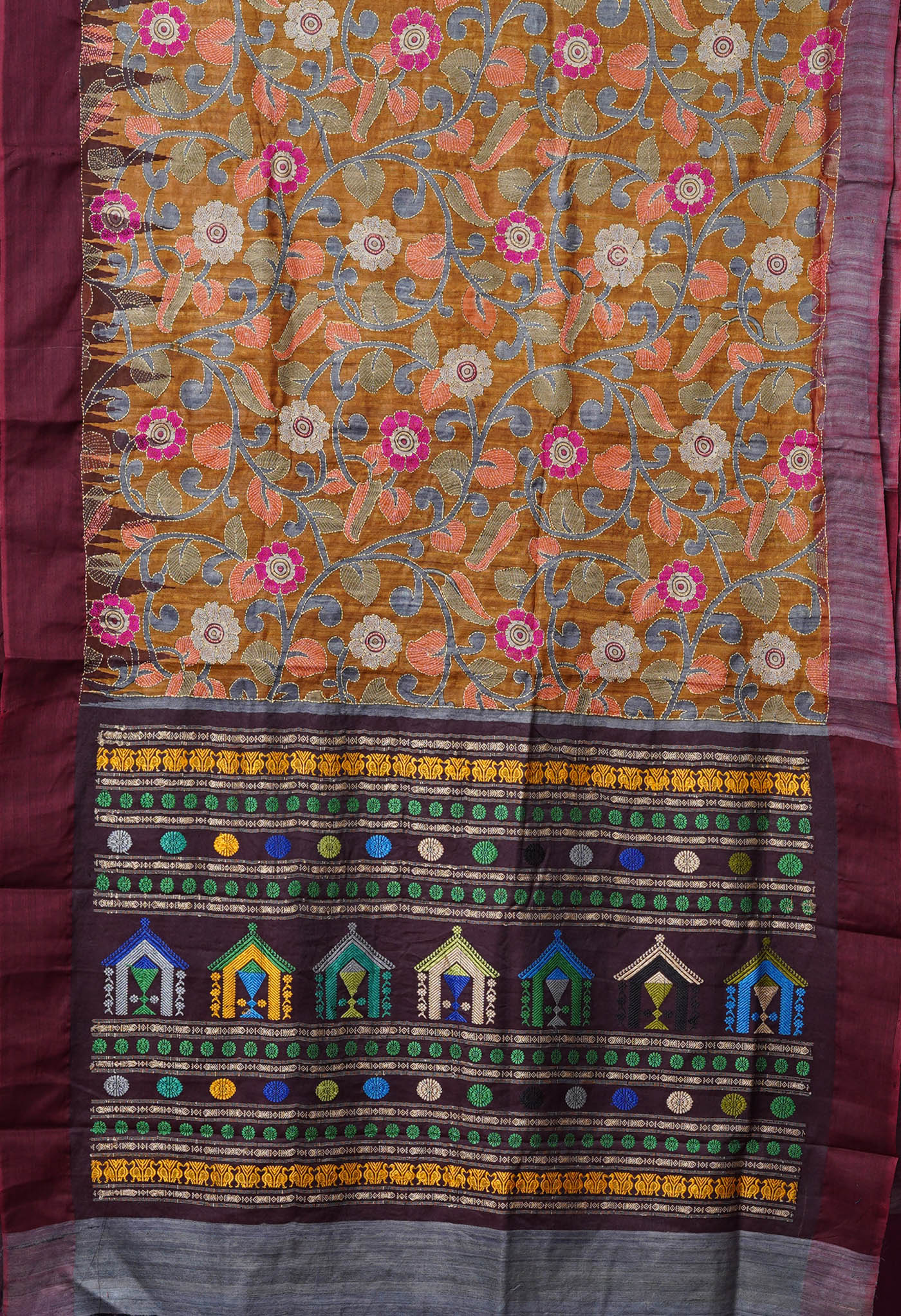 Yellow Pure Handloom Block Printed With Kantha Work Vidarbha Tussar Silk Saree